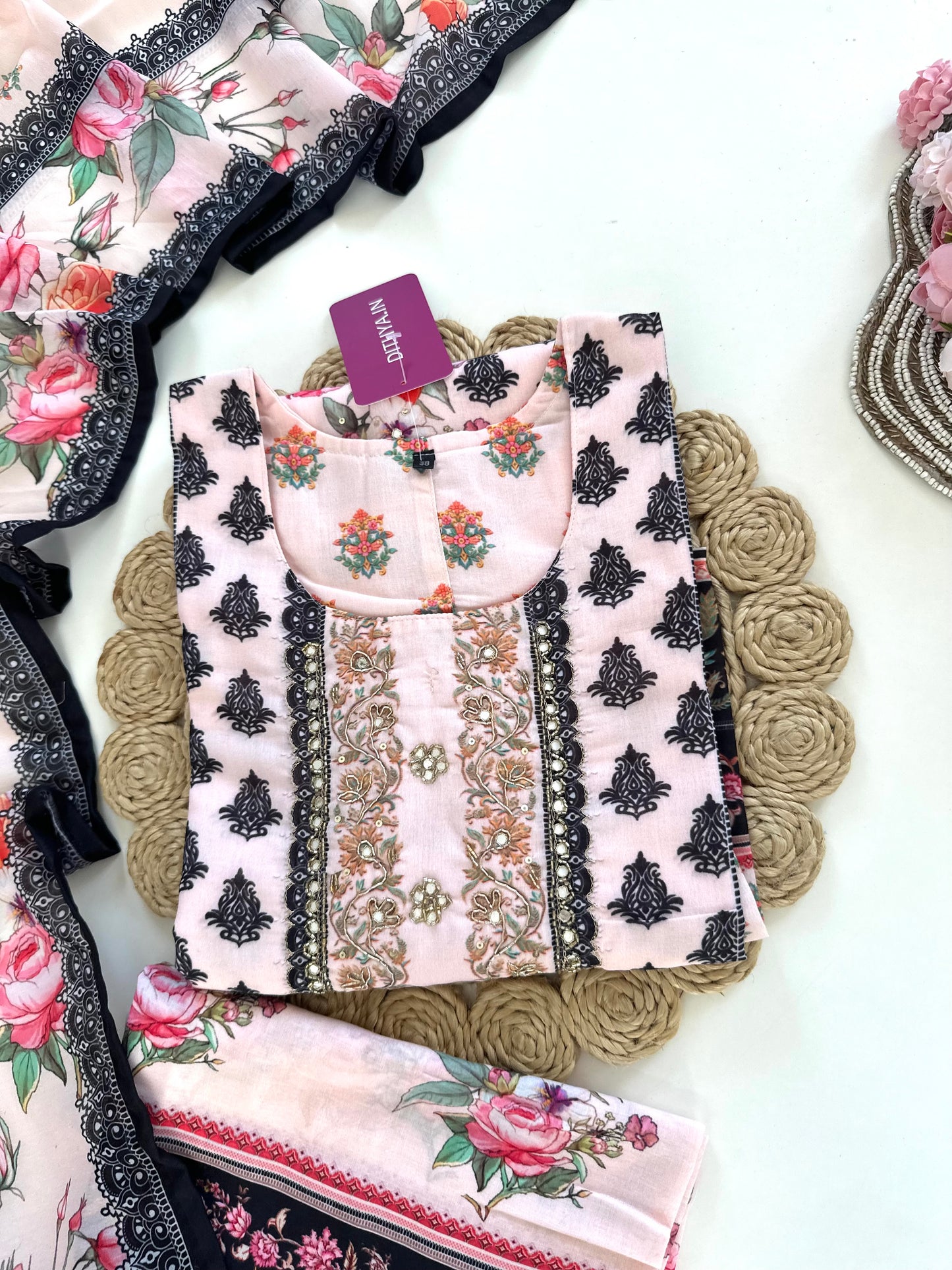 K404 - Cotton Handwork straight Kurti with pants and dupatta