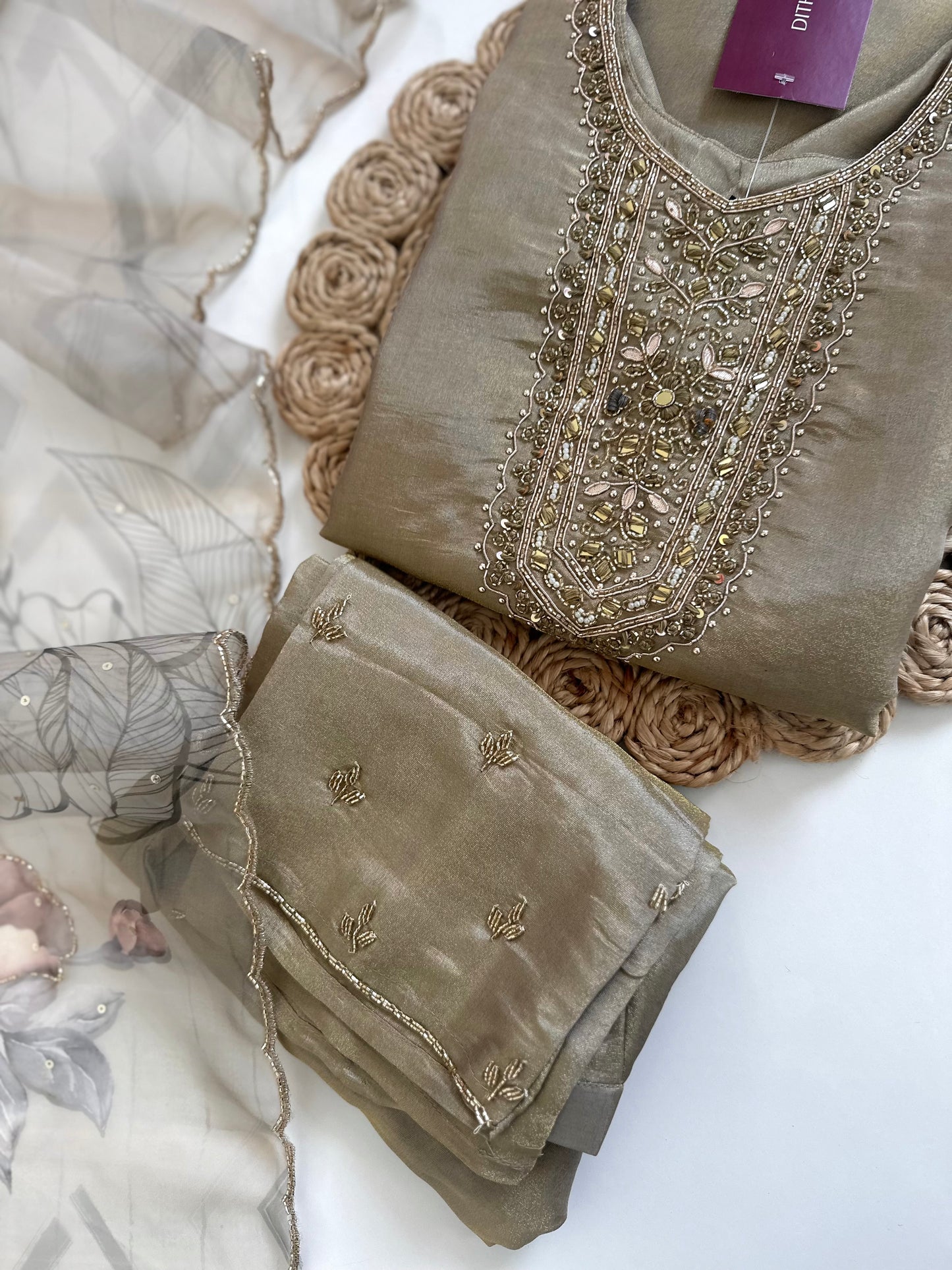 K106 - Tissue silk handwork straight kurti with pants and dupatta