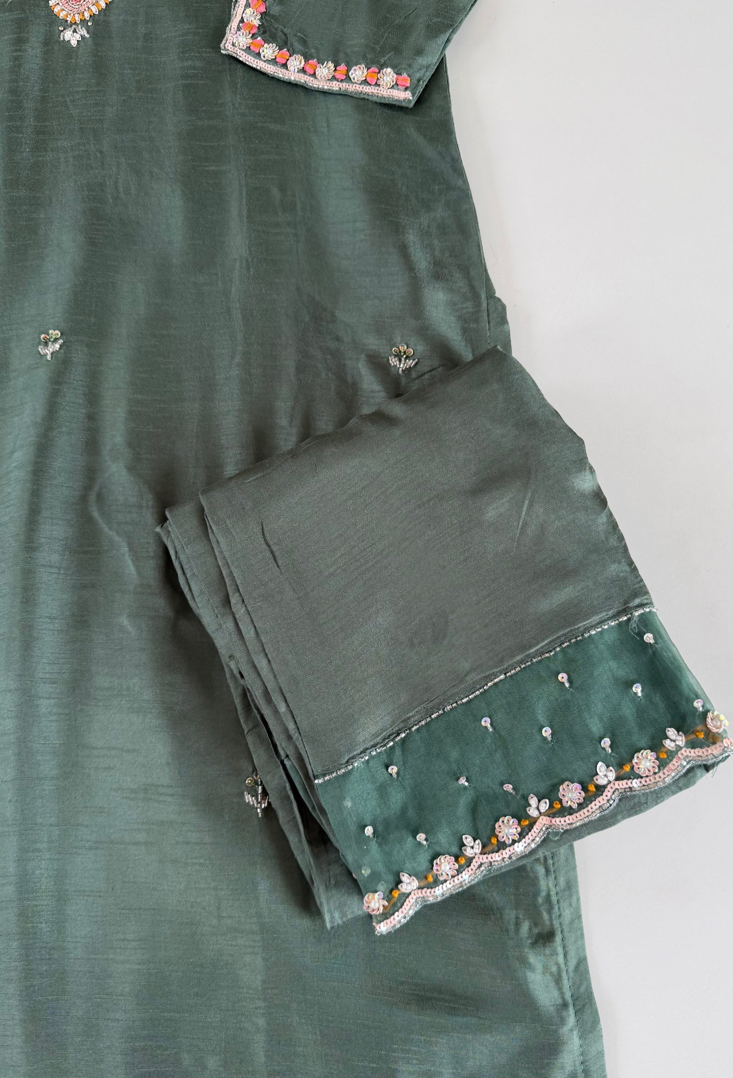 K642 - Dola silk Handwork straight Kurti with pants and dupatta