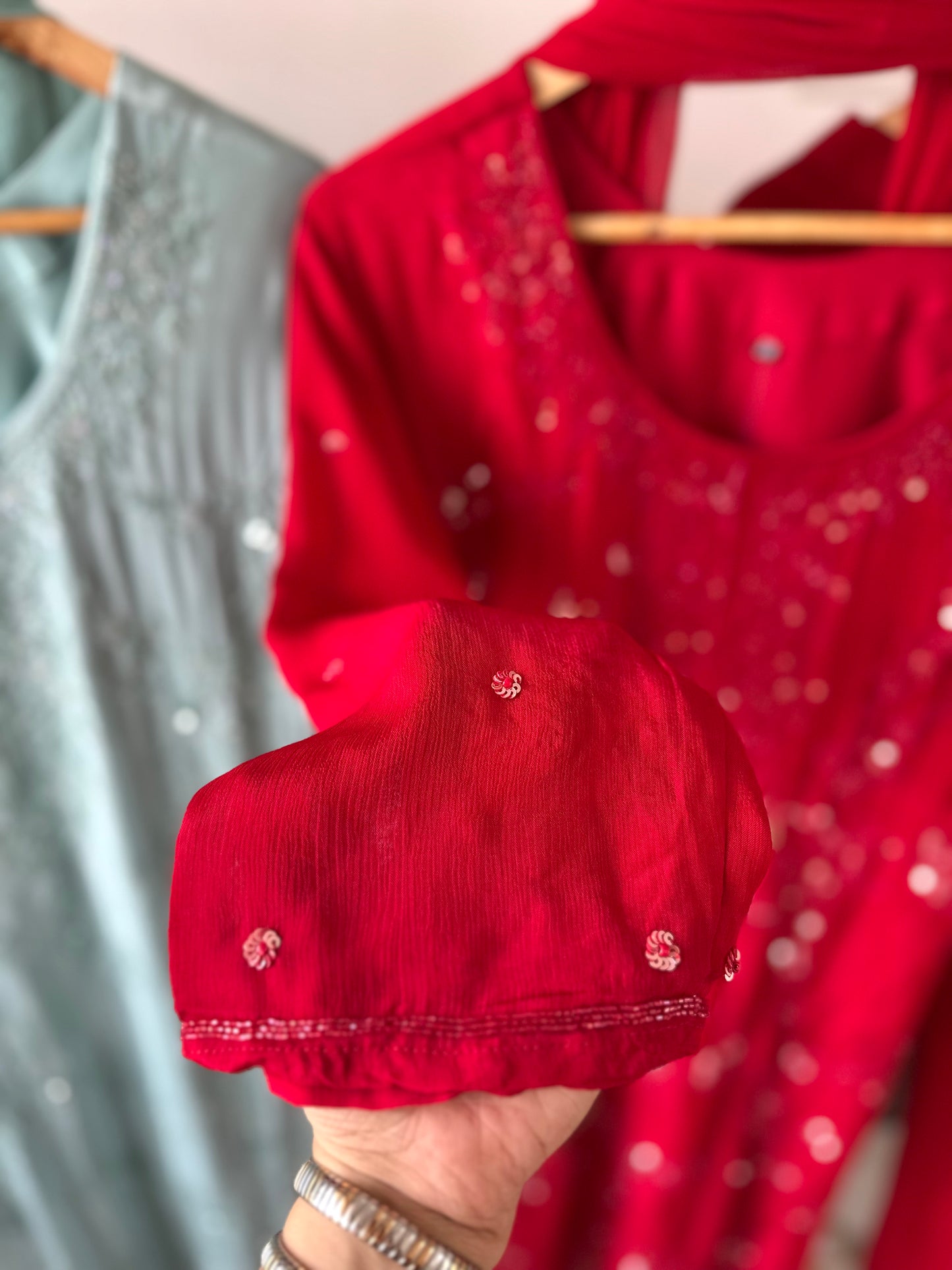 K256 - Chinnon Handwork Kurti with palazzo pants and chiffon dupatta