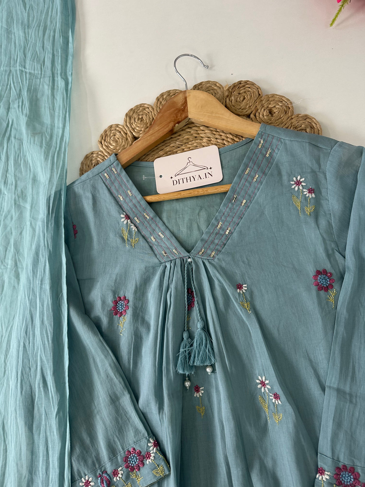 K395 - Mul cotton embroidered Aline Kurti with pants and dupatta in 3 colours