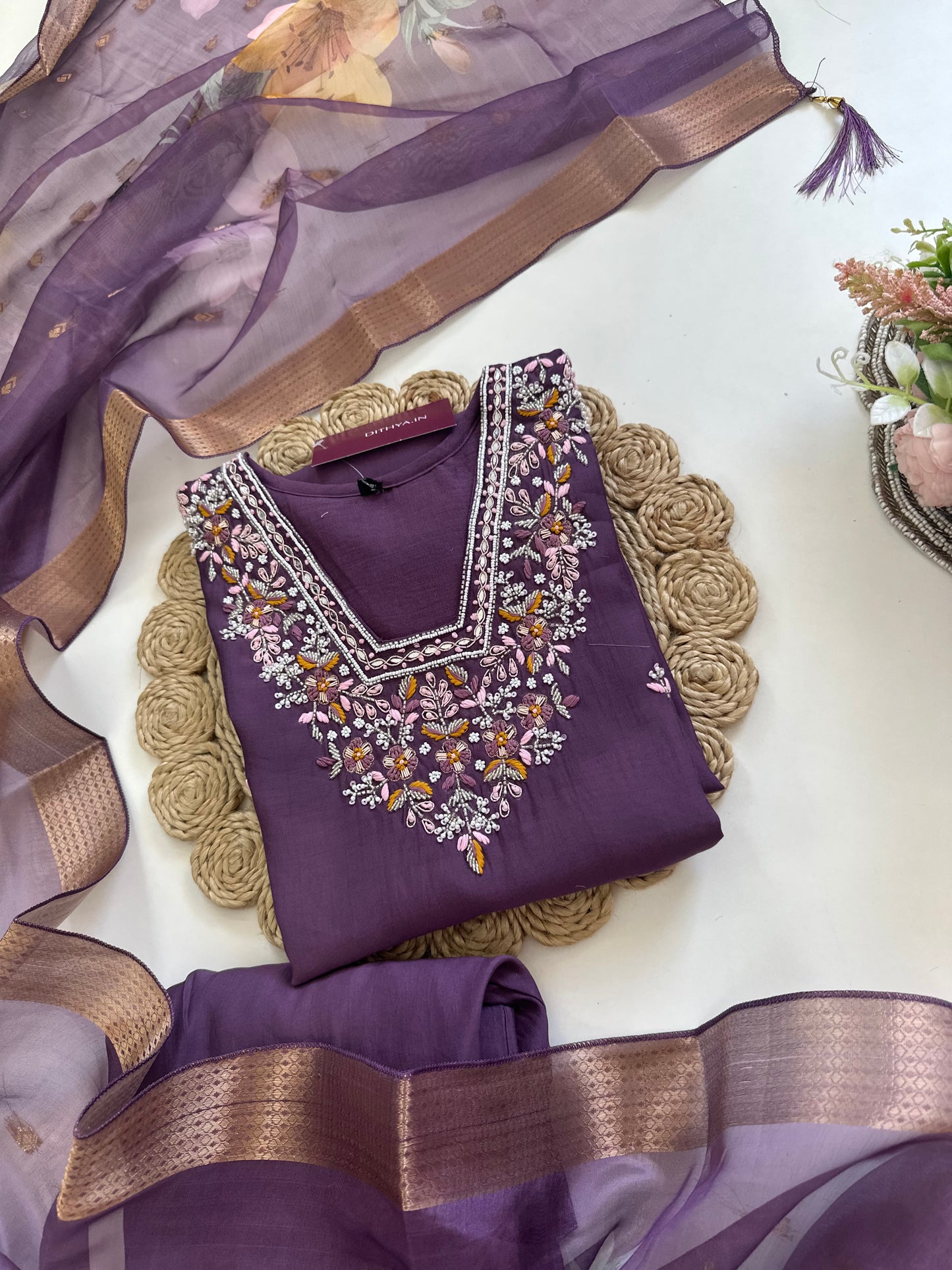 K217 - Modal silk Handwork straight kurti with pants and dupatta in 2 colours .