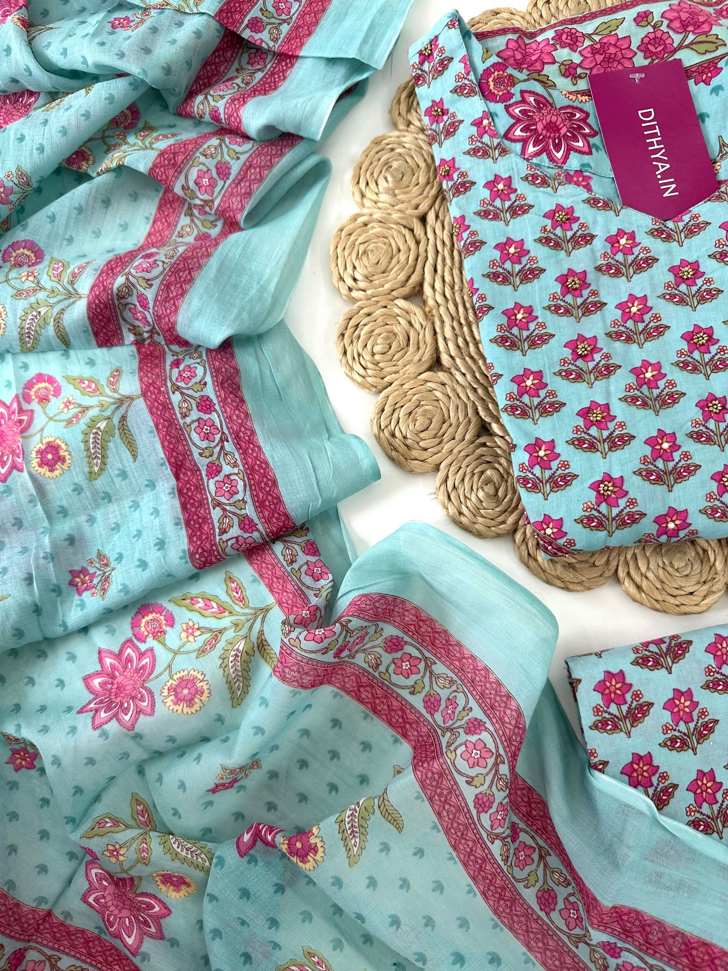 K348 - Cotton floral straight kurti with pants and dupatta