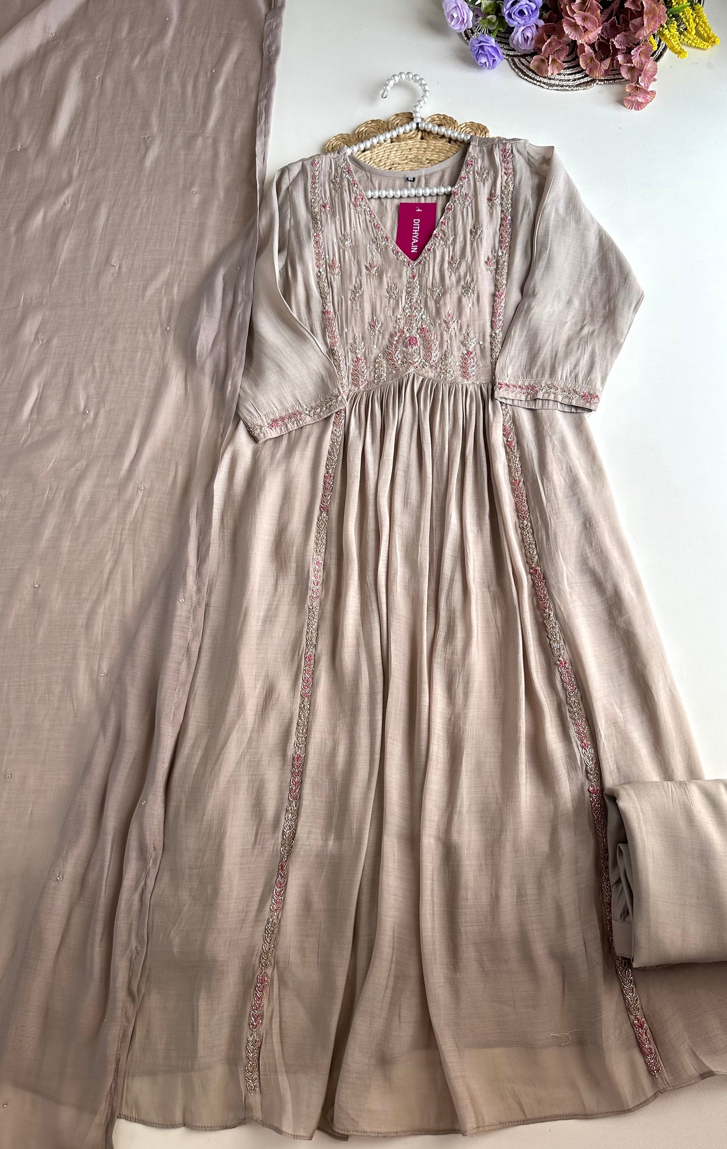 K283 - Mul Chanderi Handwork Anarkali with pants and dupatta