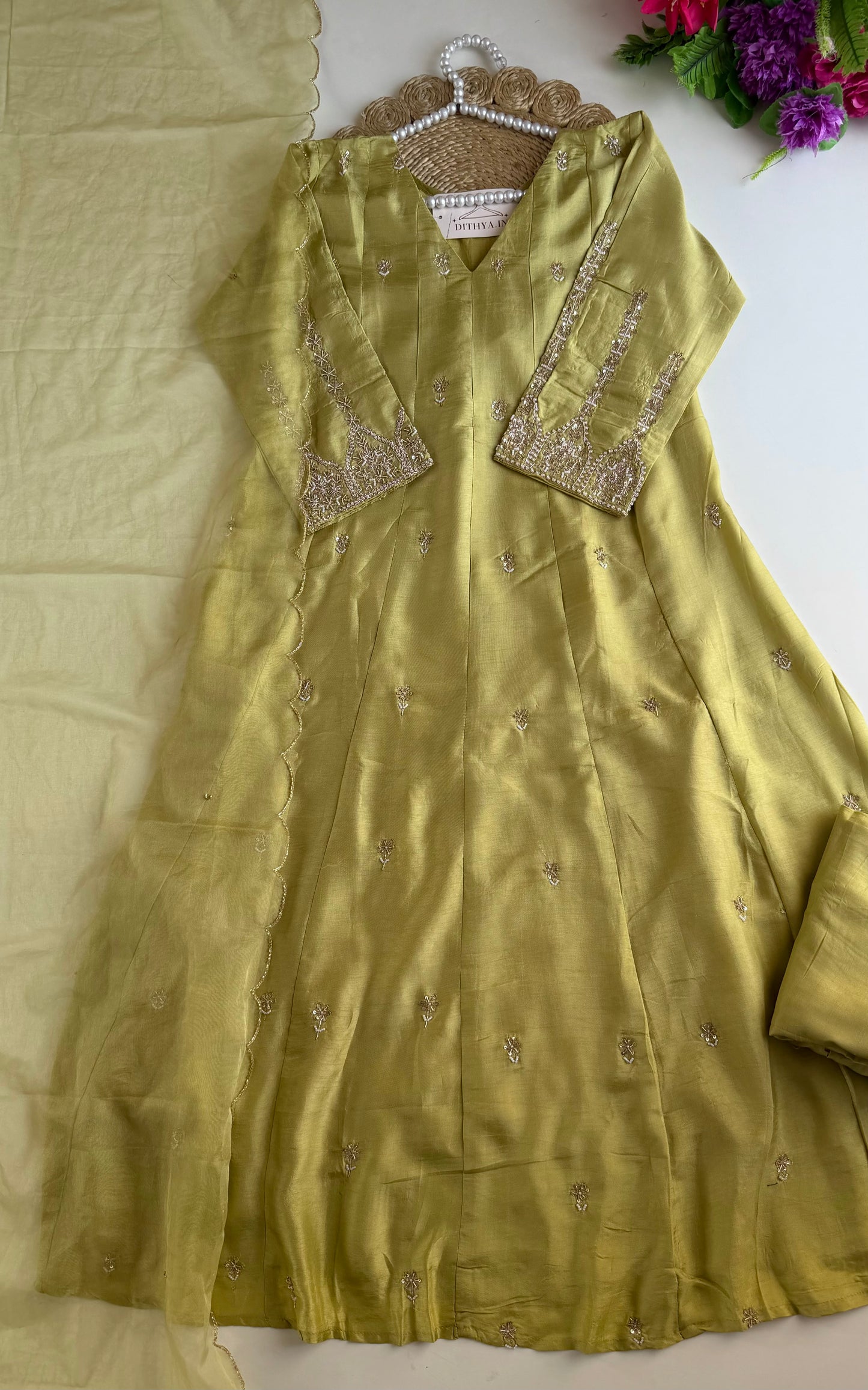 K183 - Russian silk handwork Anarkali with pants and dupatta