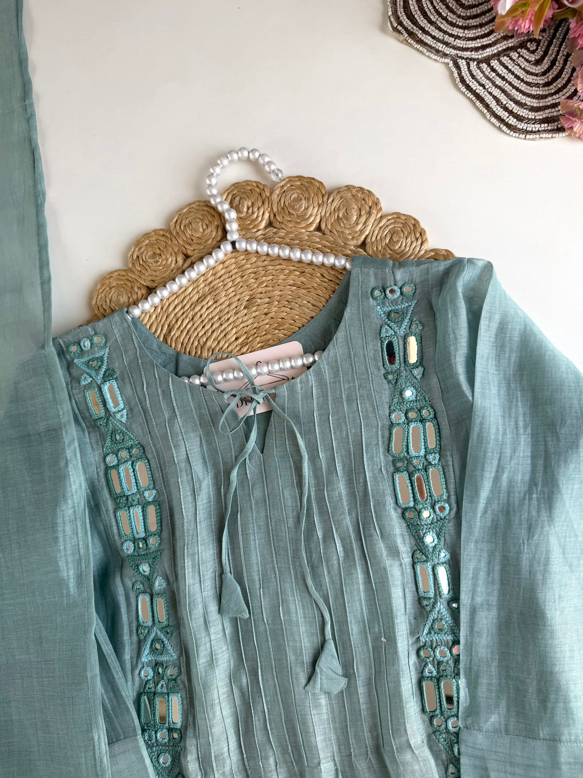 K350 - Mul chanderi mirror embroidered Aline Kurti with pants and dupatta