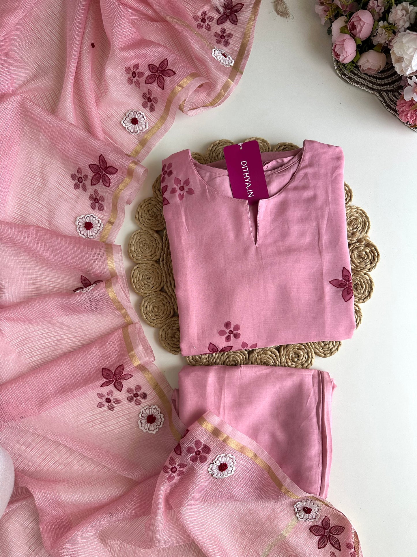 K163 - Mul Chanderi appliqué work Aline Kurti with pants and dupatta