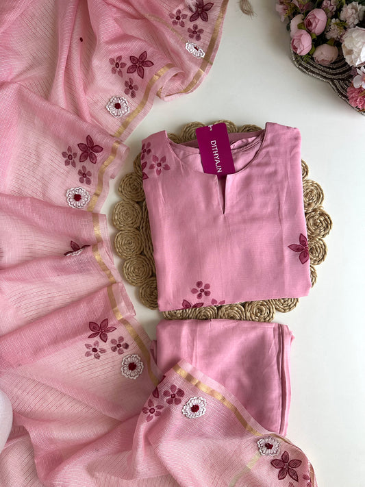 K163 - Mul Chanderi appliqué work Aline Kurti with pants and dupatta