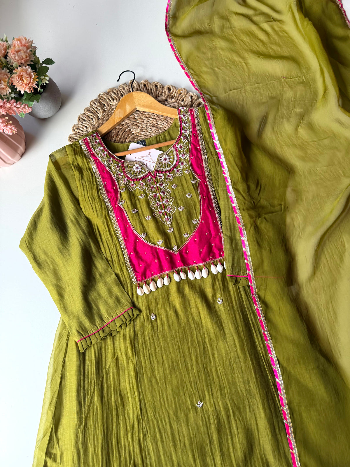 K051 - Mul chanderi handwork Anarkali with pants and dupatta