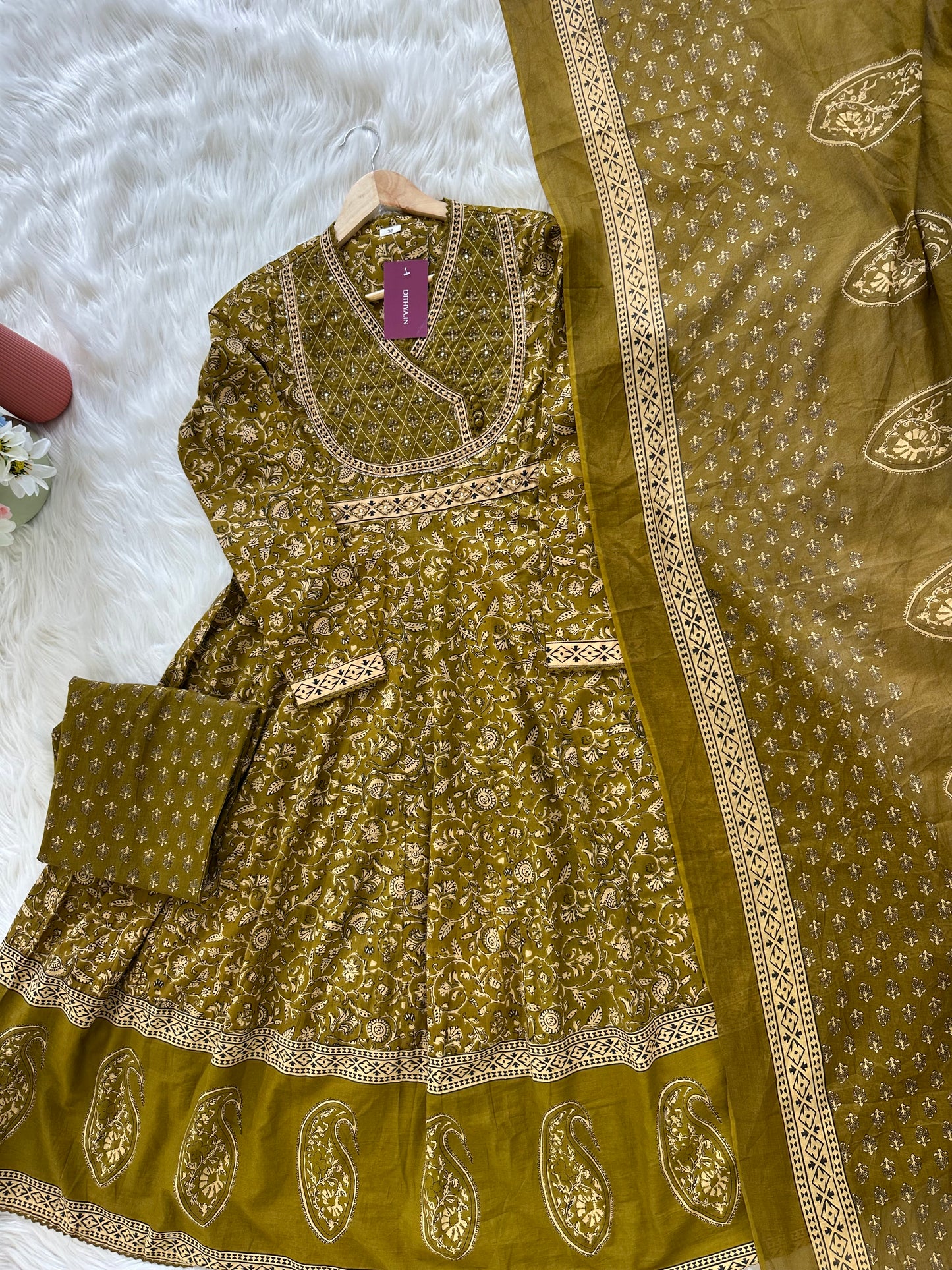K055 - Cotton Handwork Anarkali with pants and dupatta in 2 colours