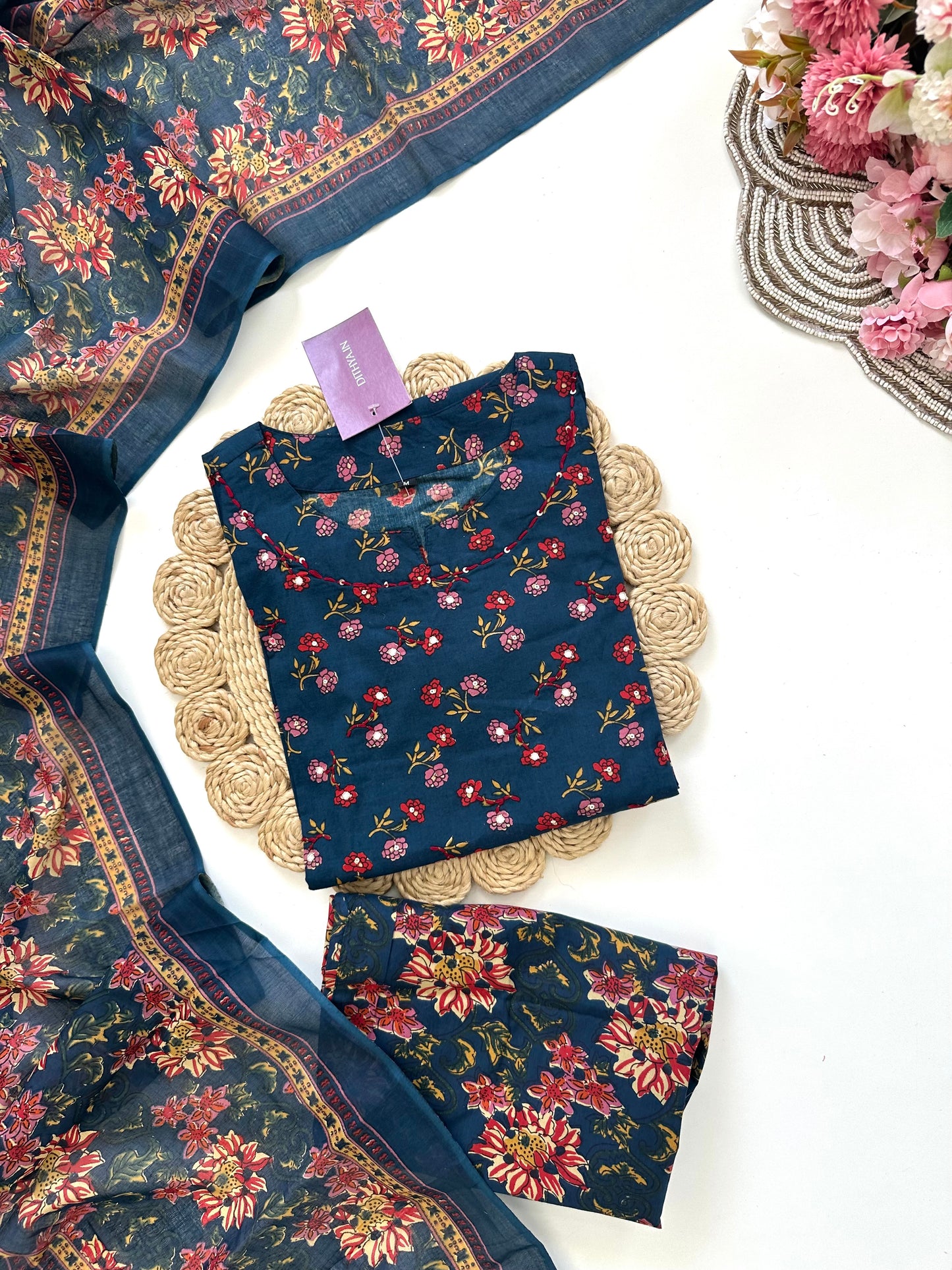 K216 - Cotton Straight kurti with pants and dupatta.