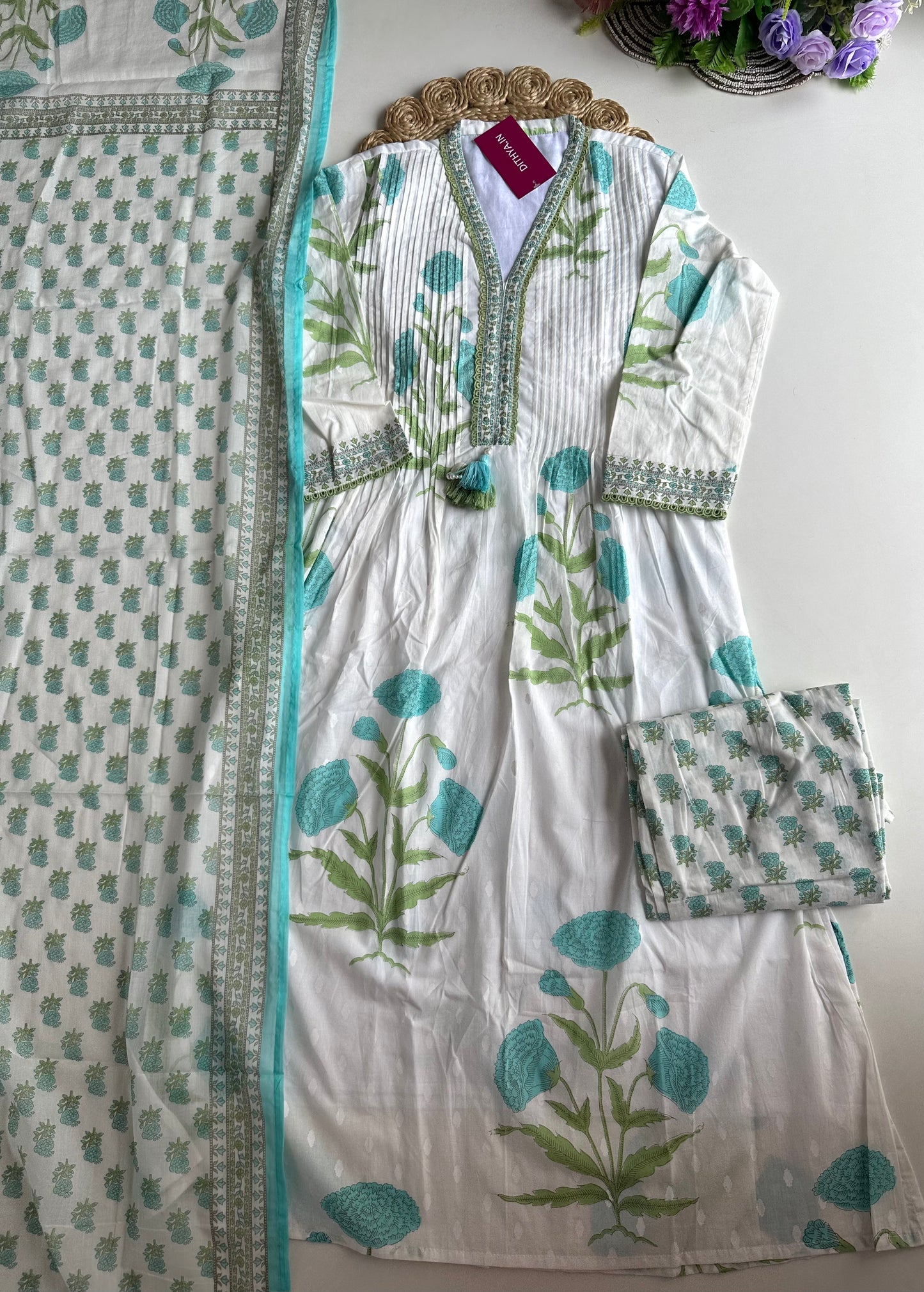 K340 - Mul cotton pintex floral Aline Kurti with pants and dupatta