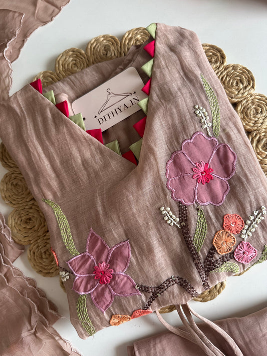 K701 - Mul chanderi embroidered Aline Kurti with pants and dupatta