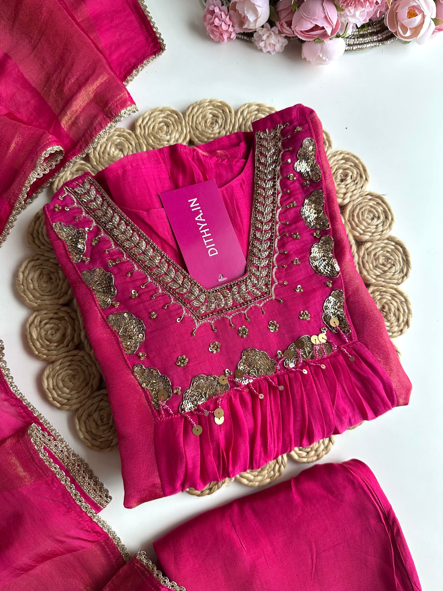 K405 - Mul Chanderi handwork Aline Kurti with pants and dupatta in 2 colours