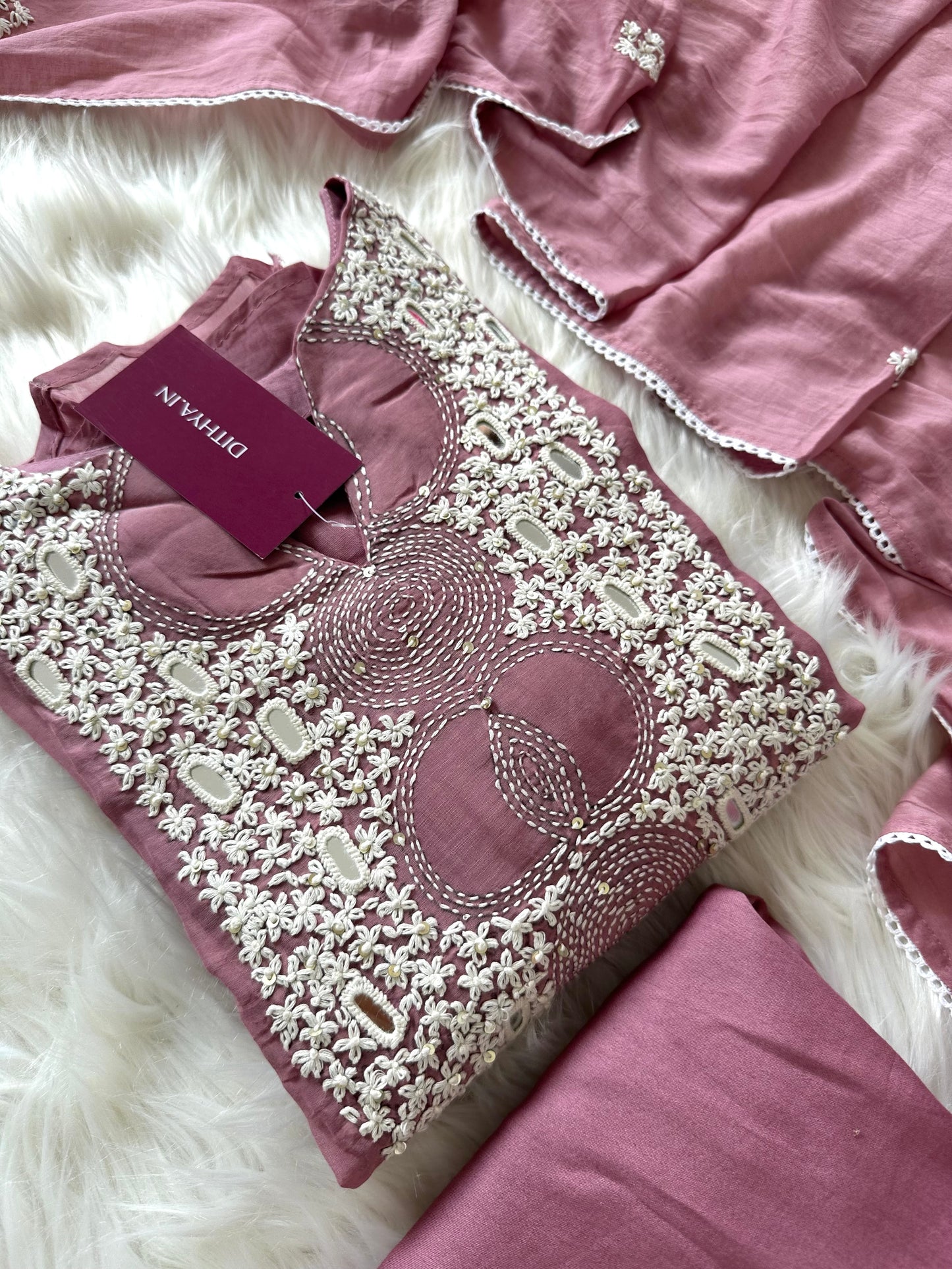 K410 - Mul Chanderi handwork Aline Kurti with pants and dupatta in 2 colours