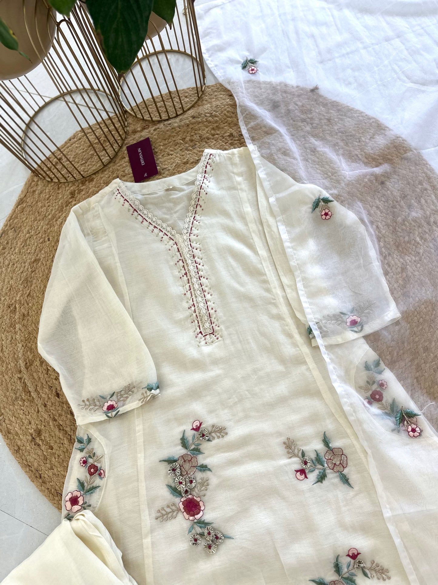 K340 - Mulmul chanderi embroidered Aline Kurti with pants and dupatta .