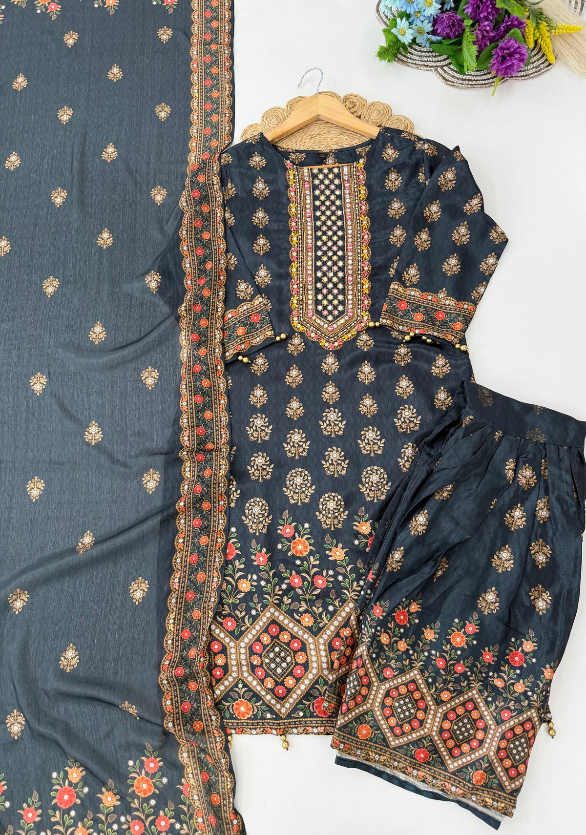 K567 - Rayon printed Kurti with sharara and dupatta