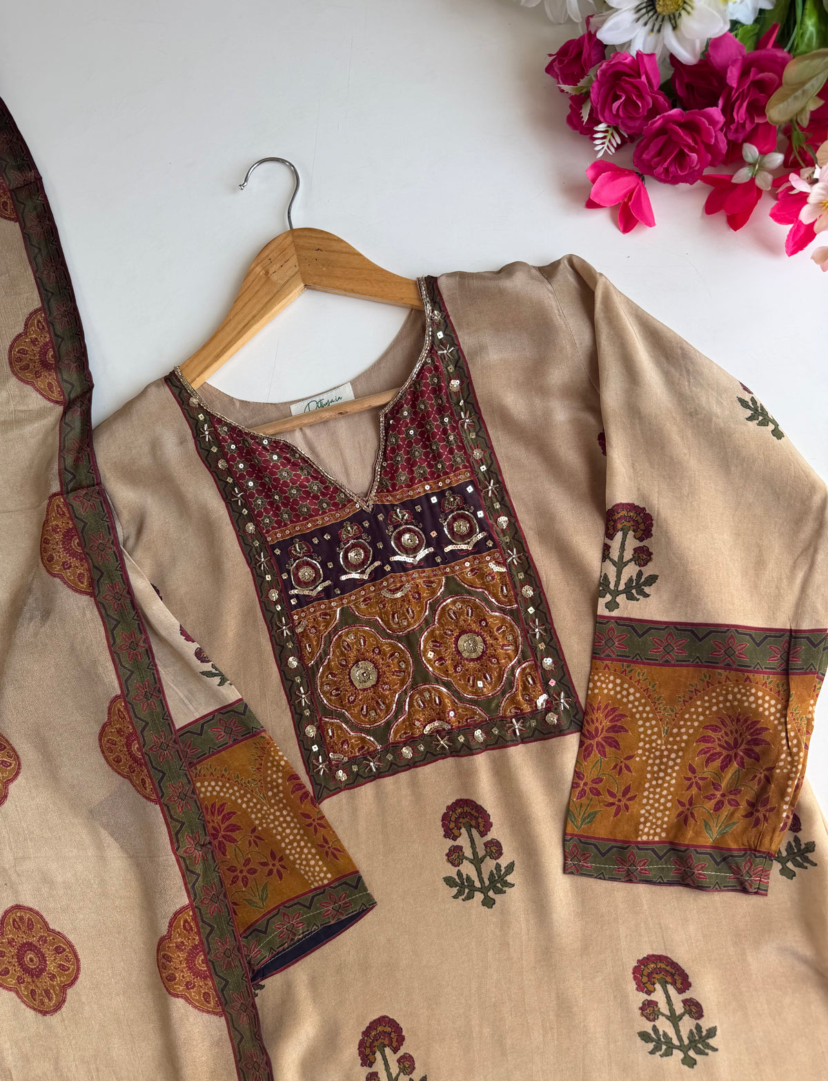 K248 - Pure crape handwork Ajrakh print straight Kurti with pants and dupatta