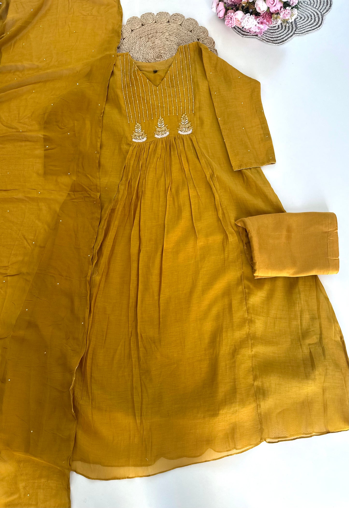 K175 - Mul Chanderi handwork Aline Kurti with pants and dupatta in 2 colours .