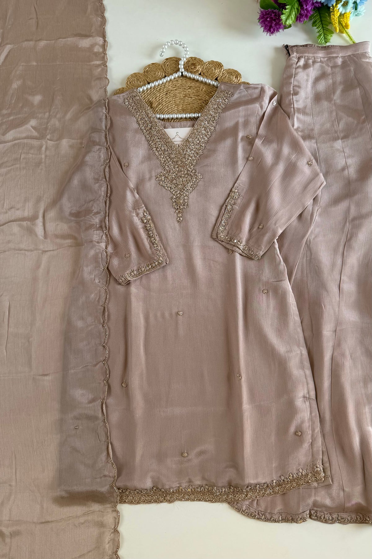 K514 - Pure Chinnon handwork short Kurti with divider pants and dupatta