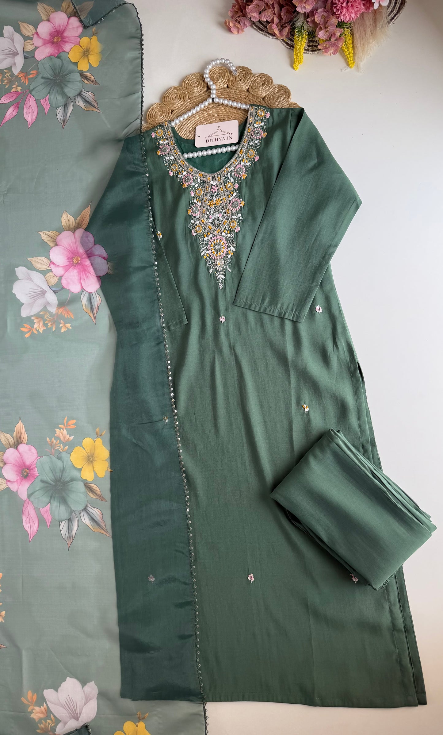 K514 - Roman silk handwork straight Kurti with pants and dupatta