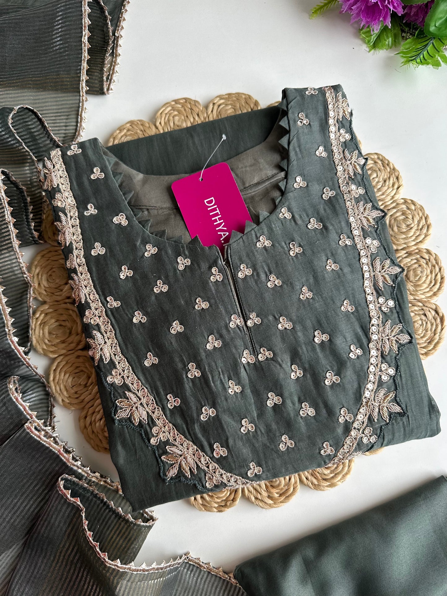 K072 - Mul Chanderi handwork Aline Kurti with pants and dupatta