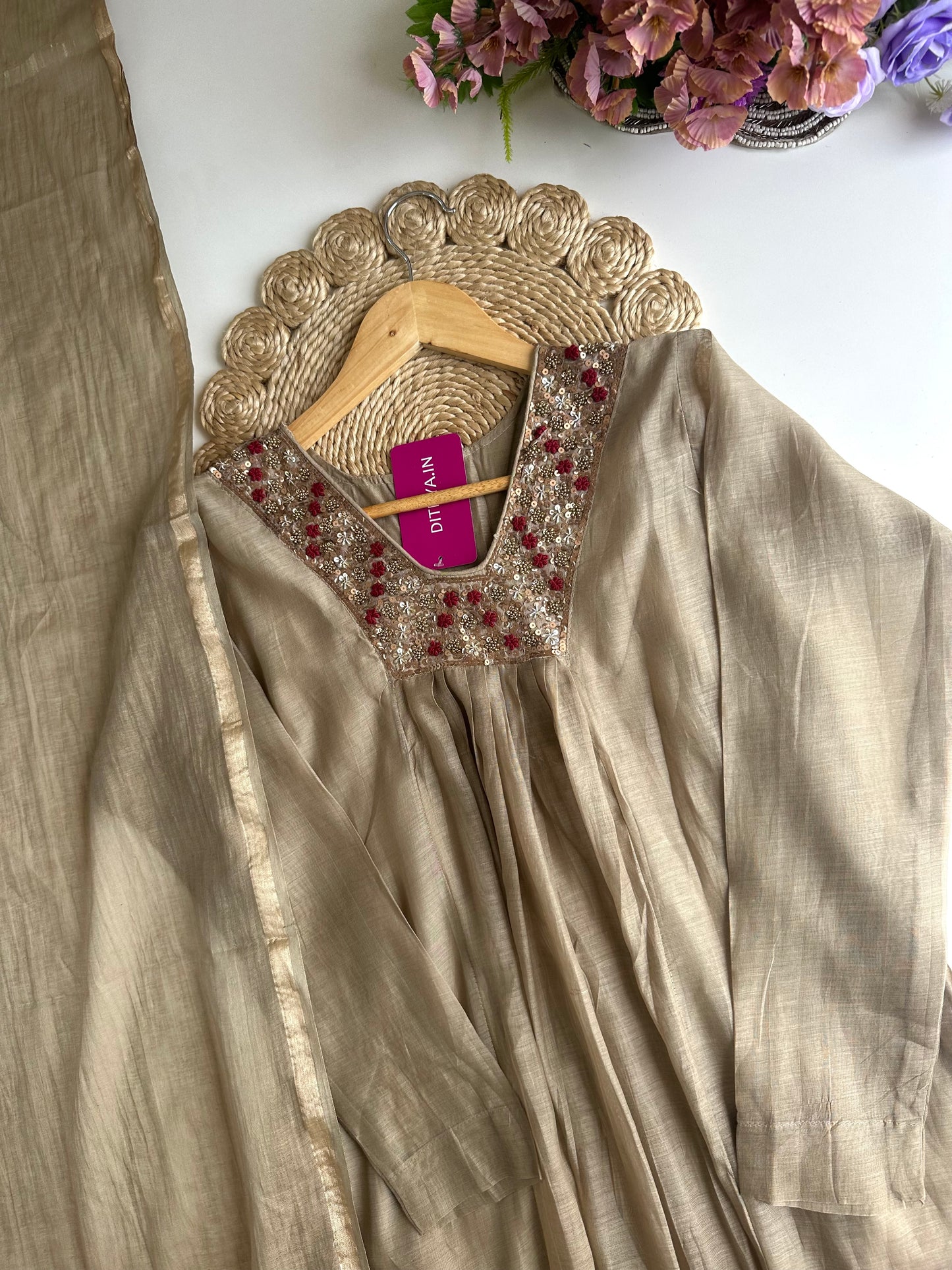 K347 - Mul Chanderi handwork Anarkali with pants and dupatta