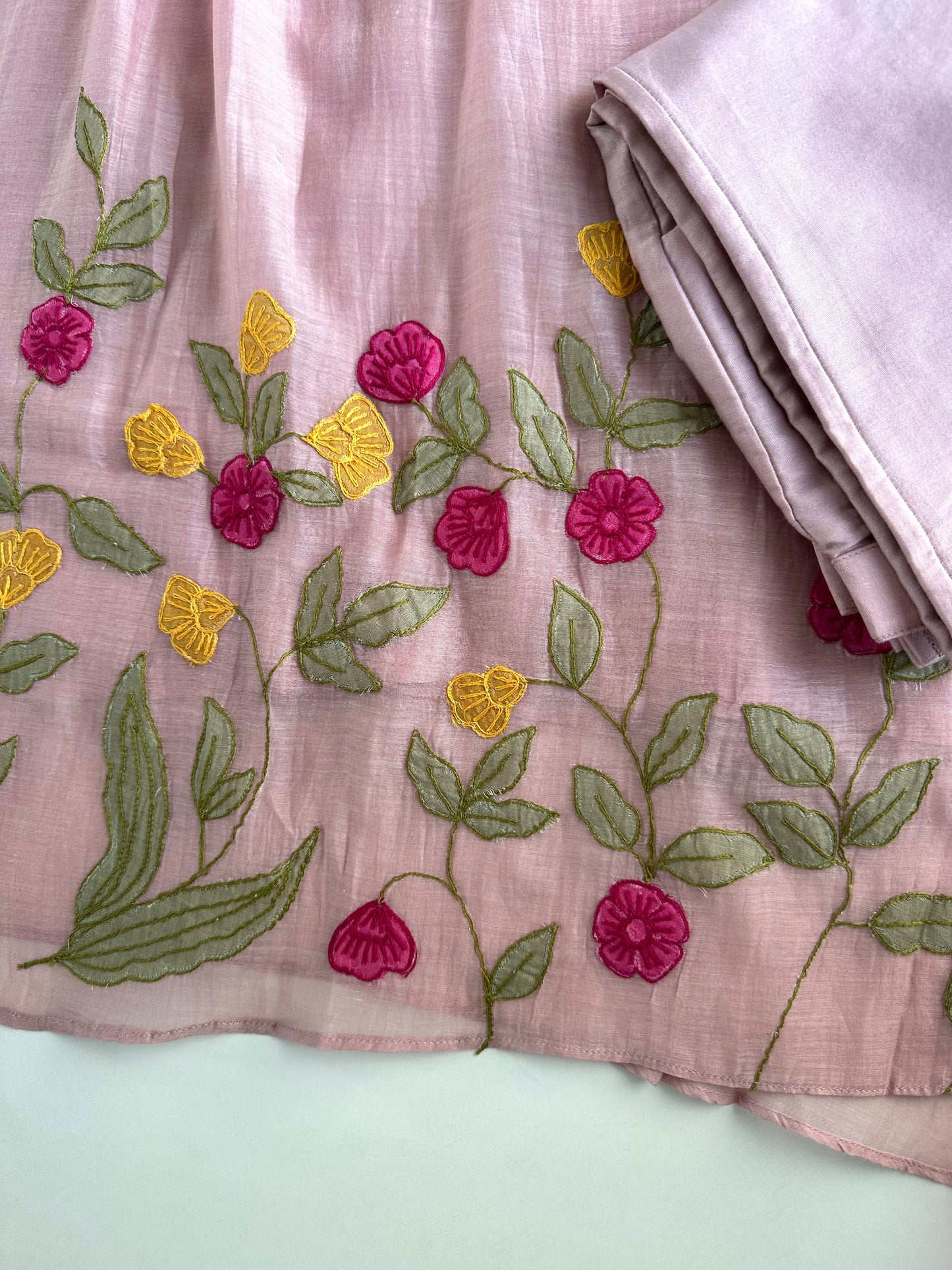 K106 - Mul Chanderi Appliqué work Aline Kurti with pants and dupatta
