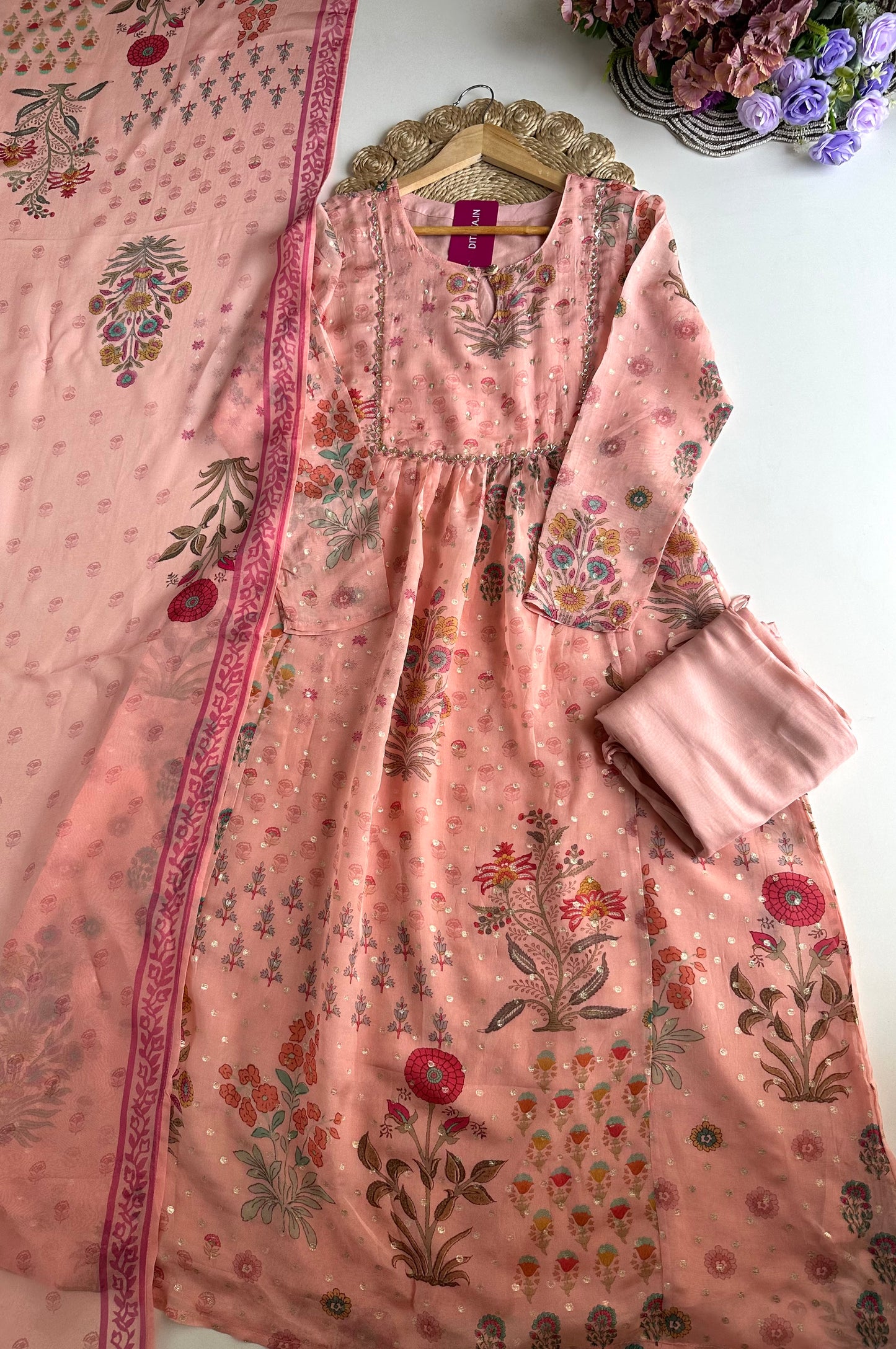 K424 - Viscose organza floral Anarkali with pants and dupatta