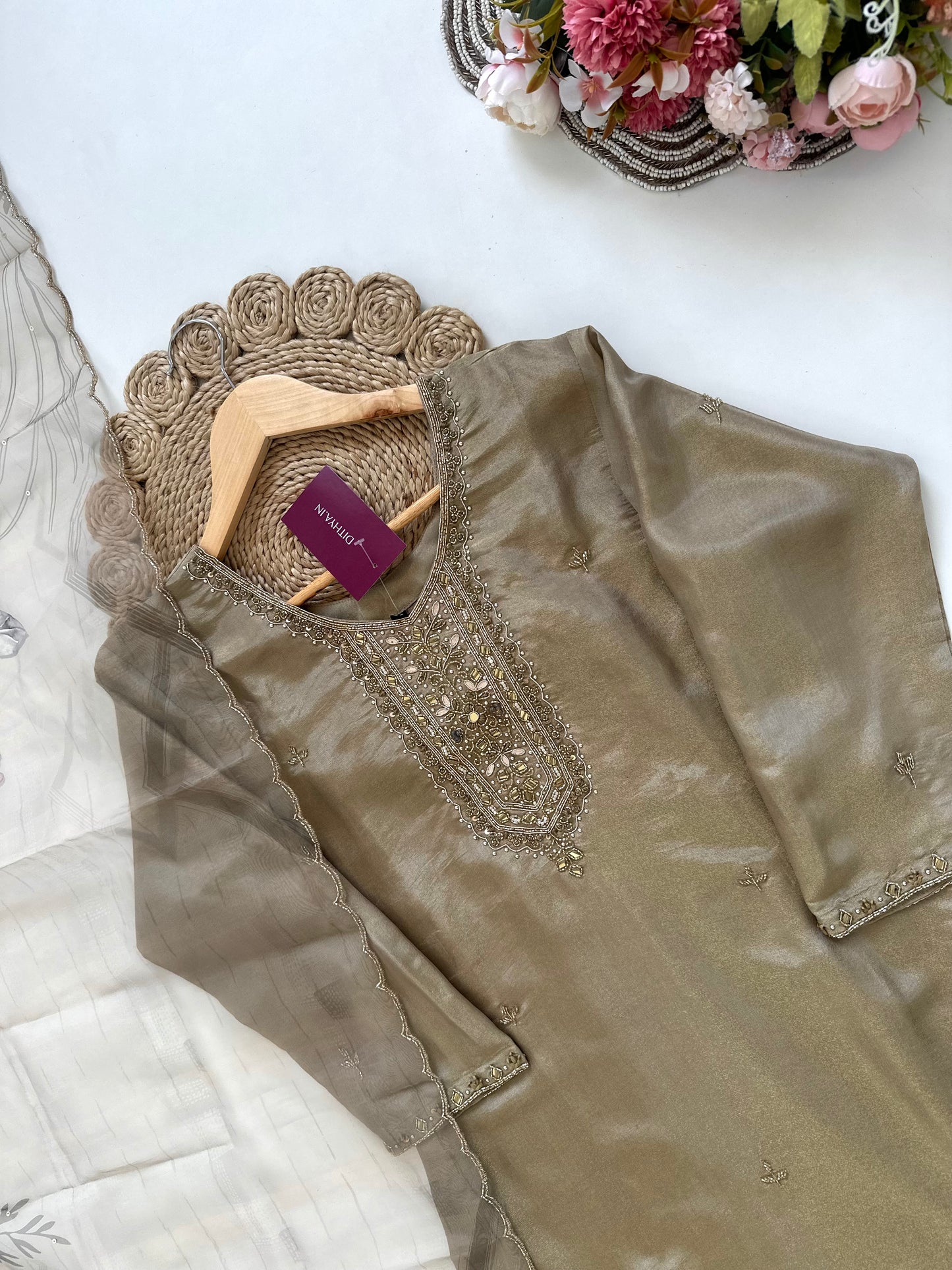 K106 - Tissue silk handwork straight kurti with pants and dupatta