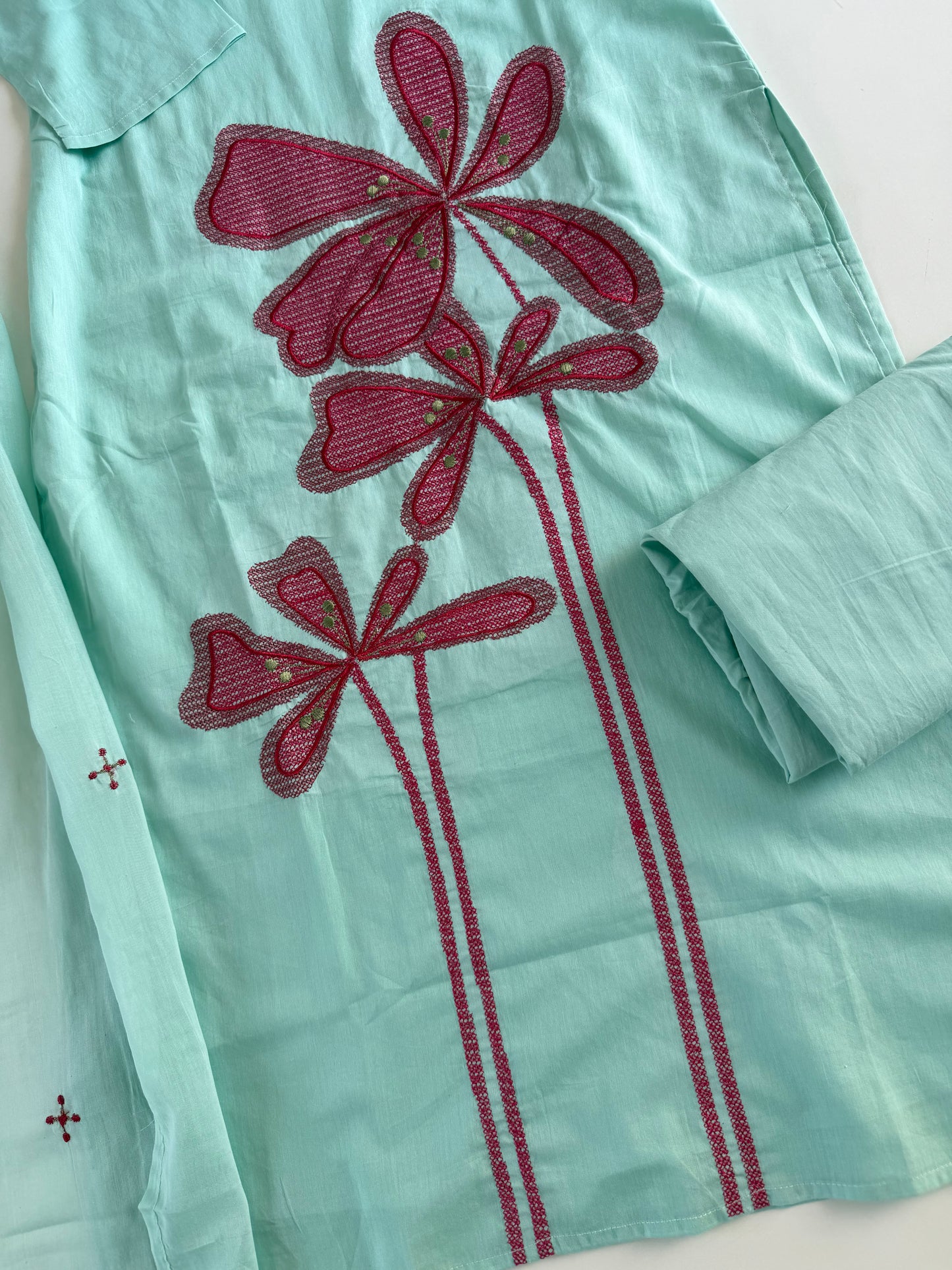 K645 - Mul cotton embroidered straight Kurti with pants and dupatta