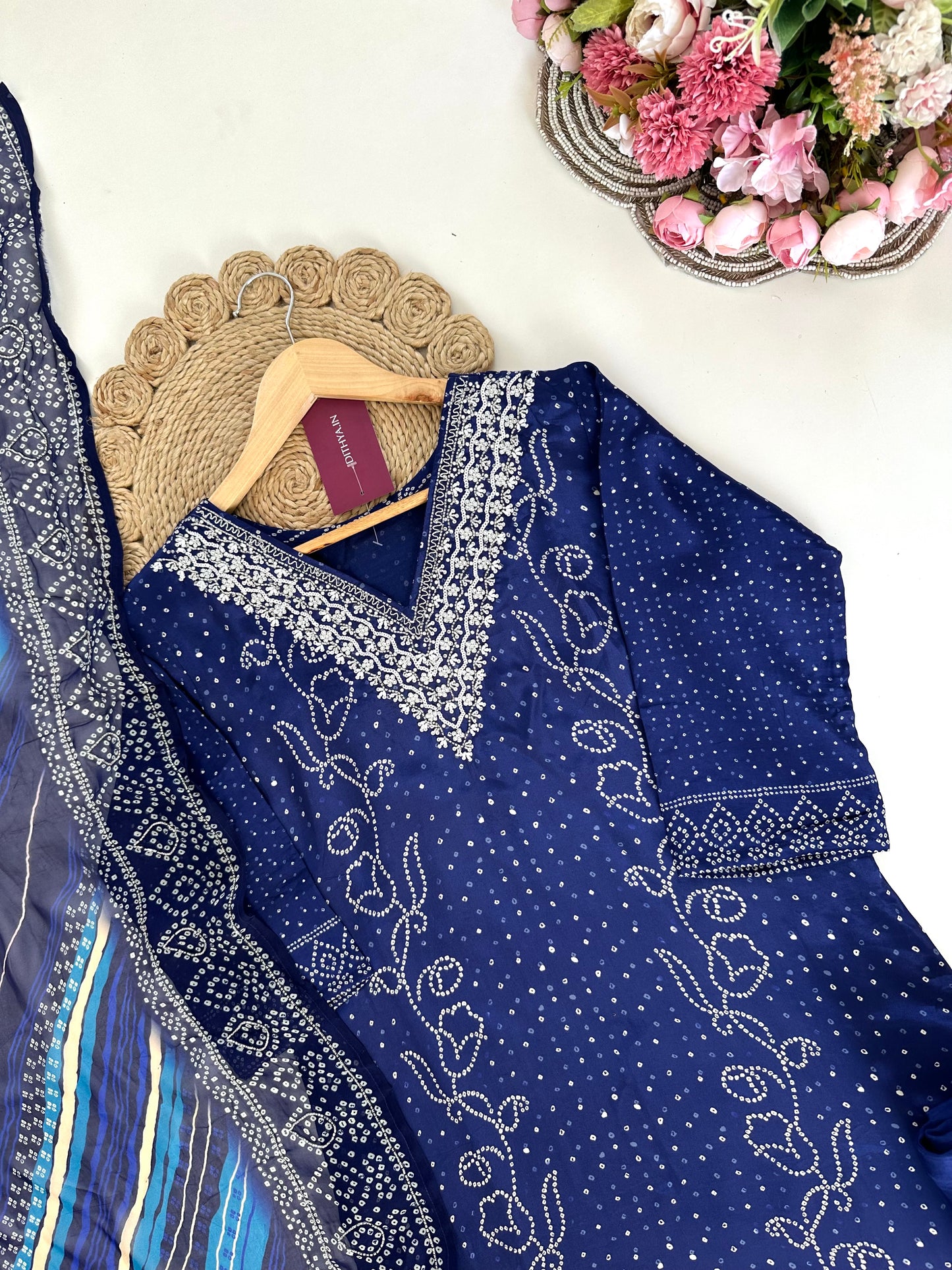 K174 - Pure crape handwork straight Kurti with pants and dupatta in 2 colours