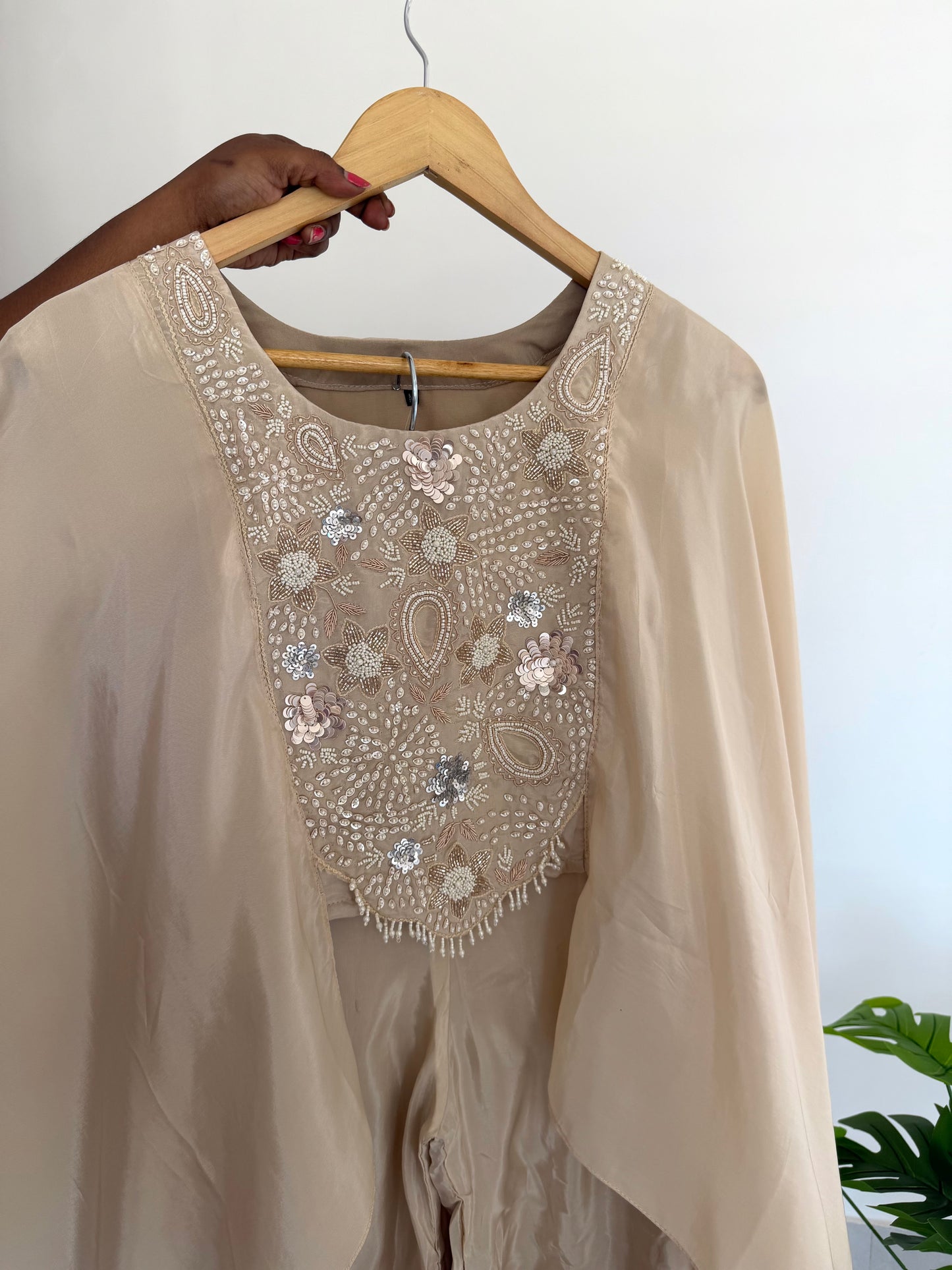 K042 - Pure crape handwork crop top with cape hands and divider pants