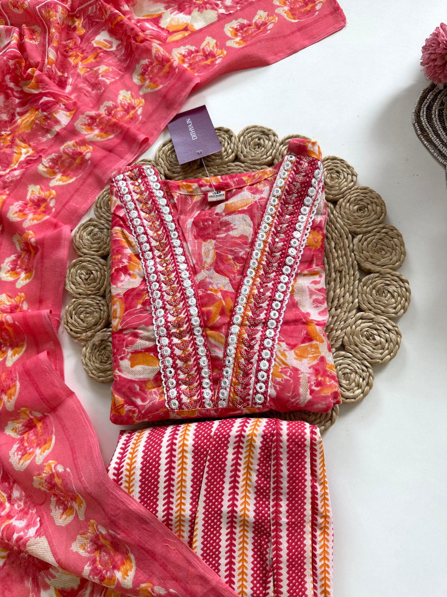 K387 - Cotton floral straight Kurti with pants and dupatta in 4 colours