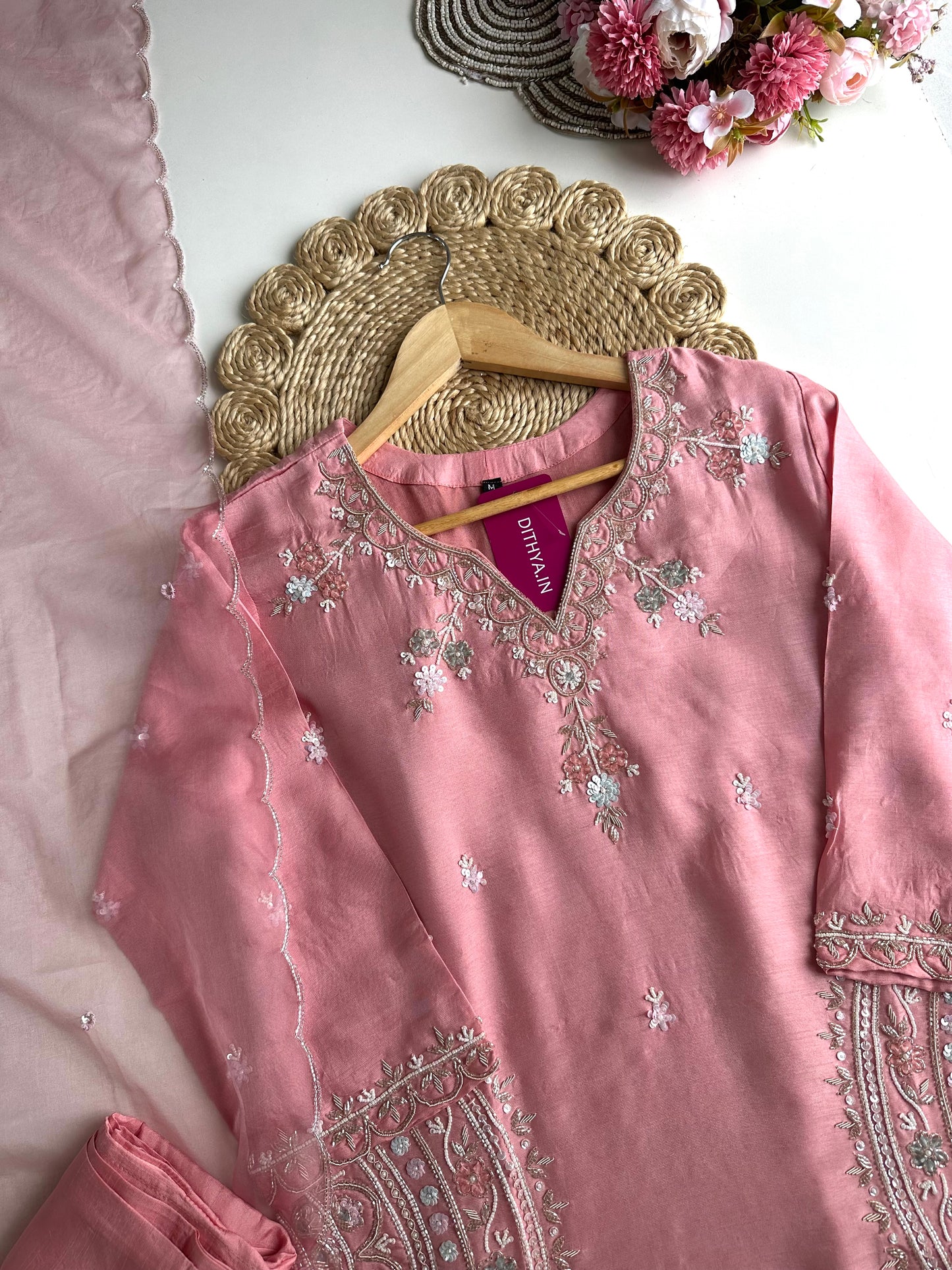 K052 - Russian silk handwork short Kurti with pants and dupatta