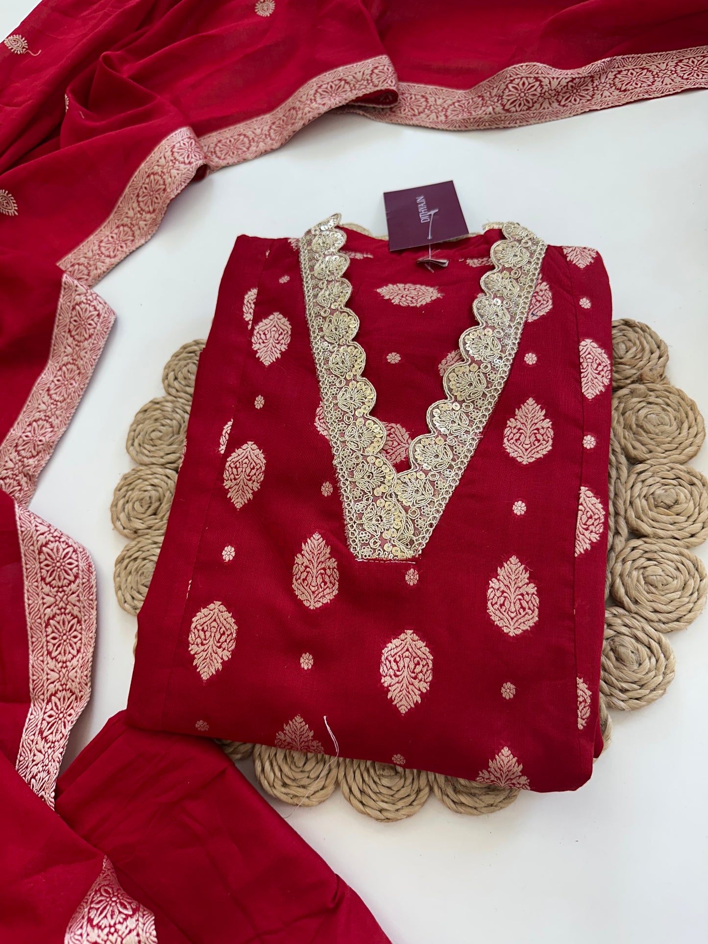 K094 - Cotton Jacquard Aline Kurti with pants and dupatta in 3 colours.