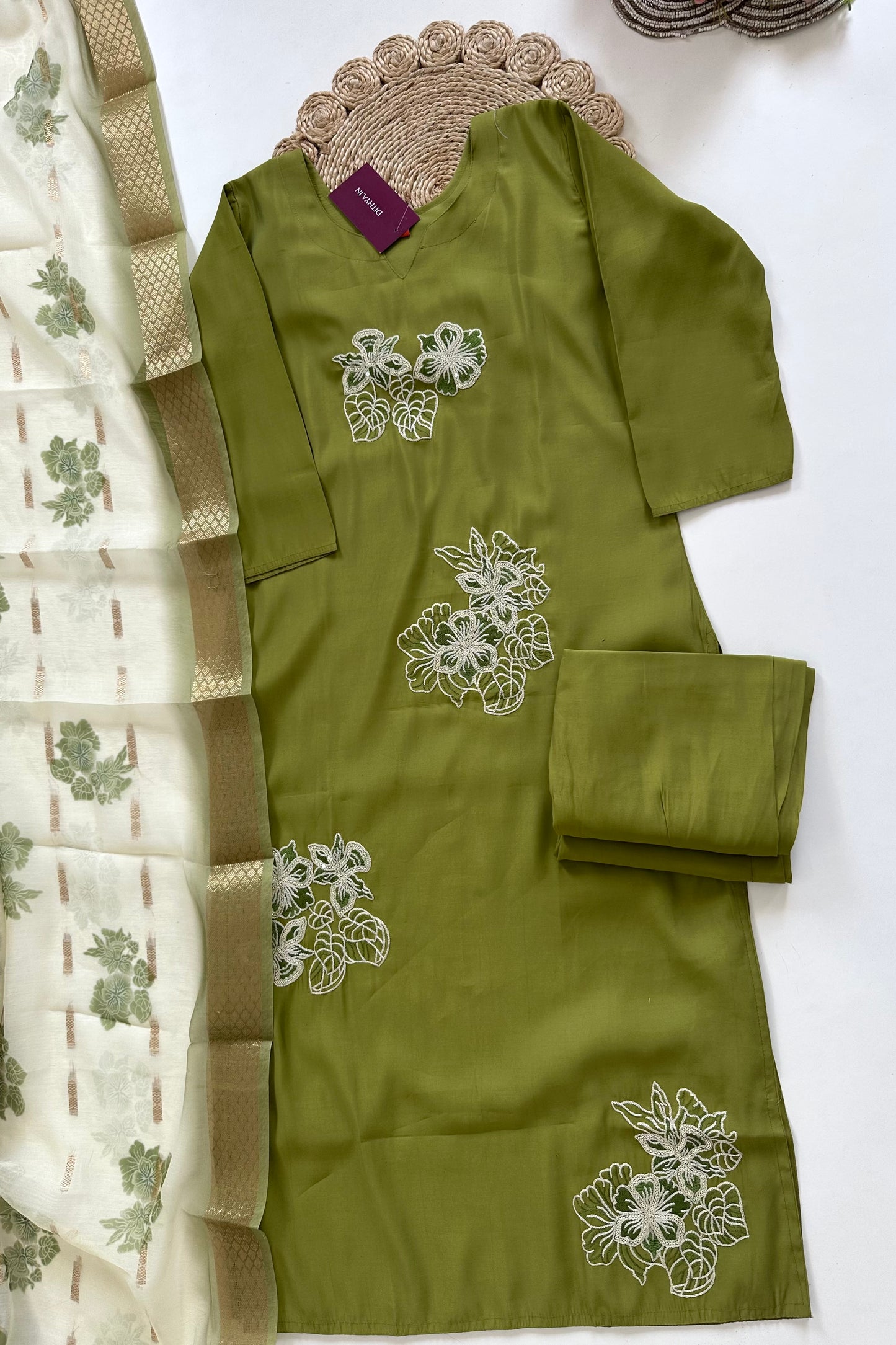 K218 - Roman silk thread work straight Kurti with pants and dupatta in 2 colours