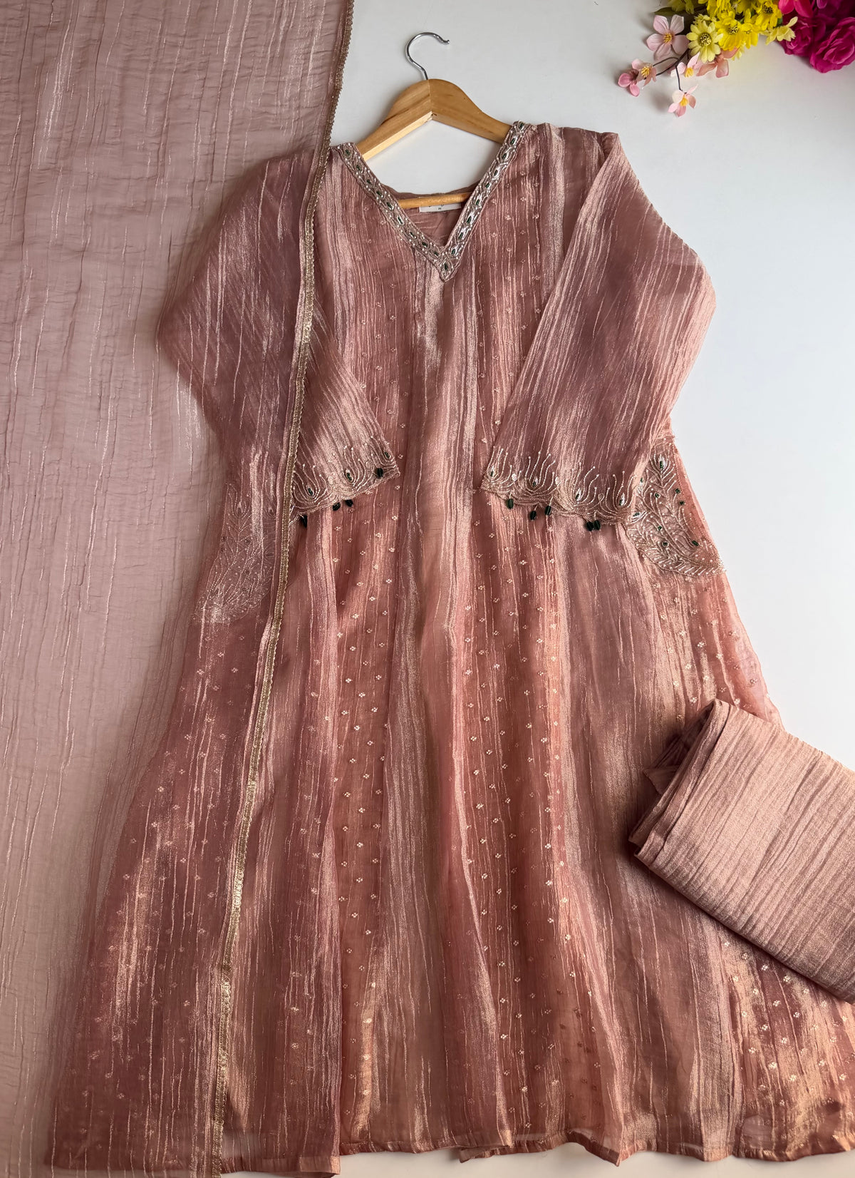 K113 - Crush tissue silk handwork Anarkali with pants and dupatta