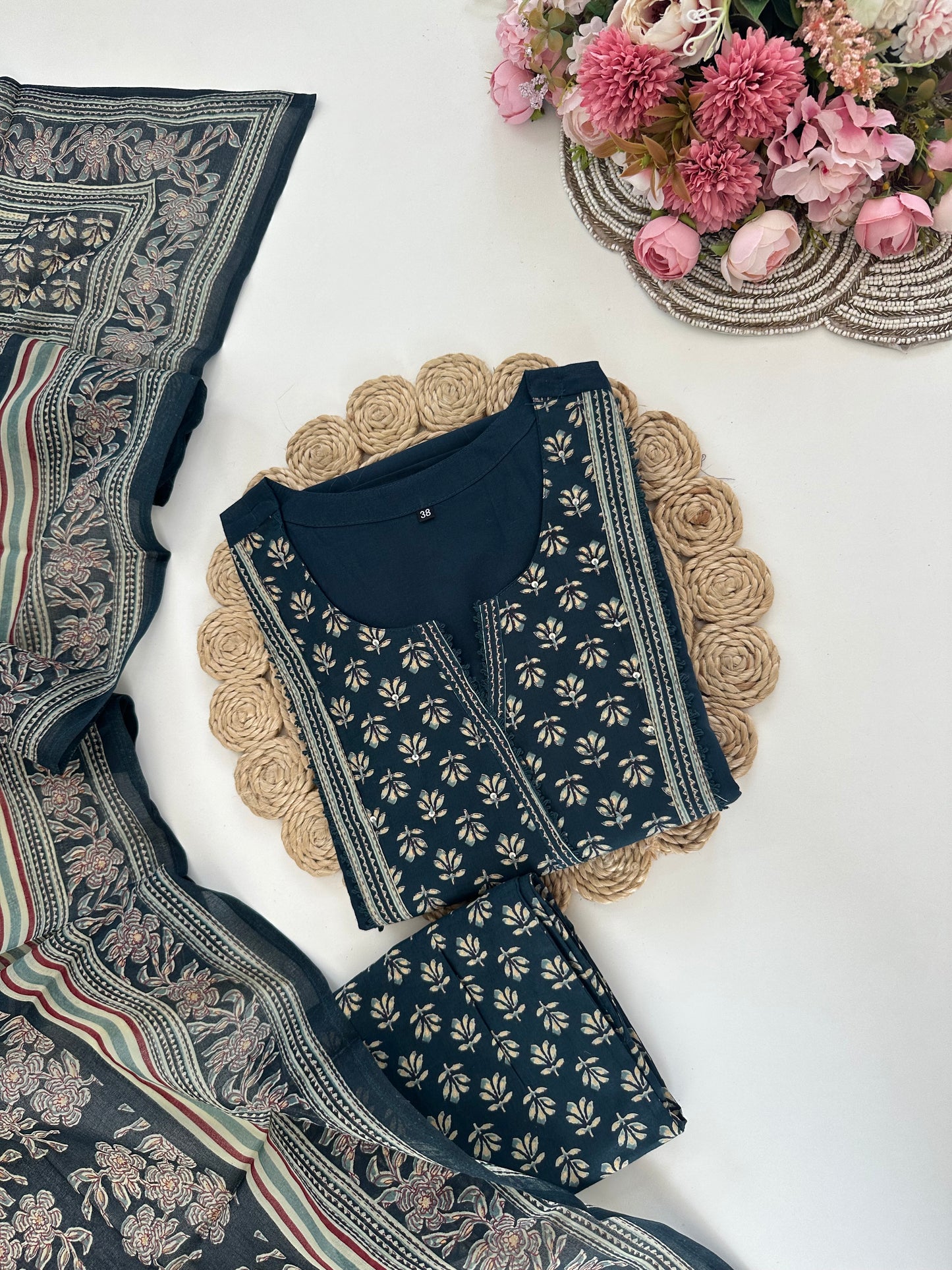 K281 - Cotton printed straight Kurti with pants and dupatta