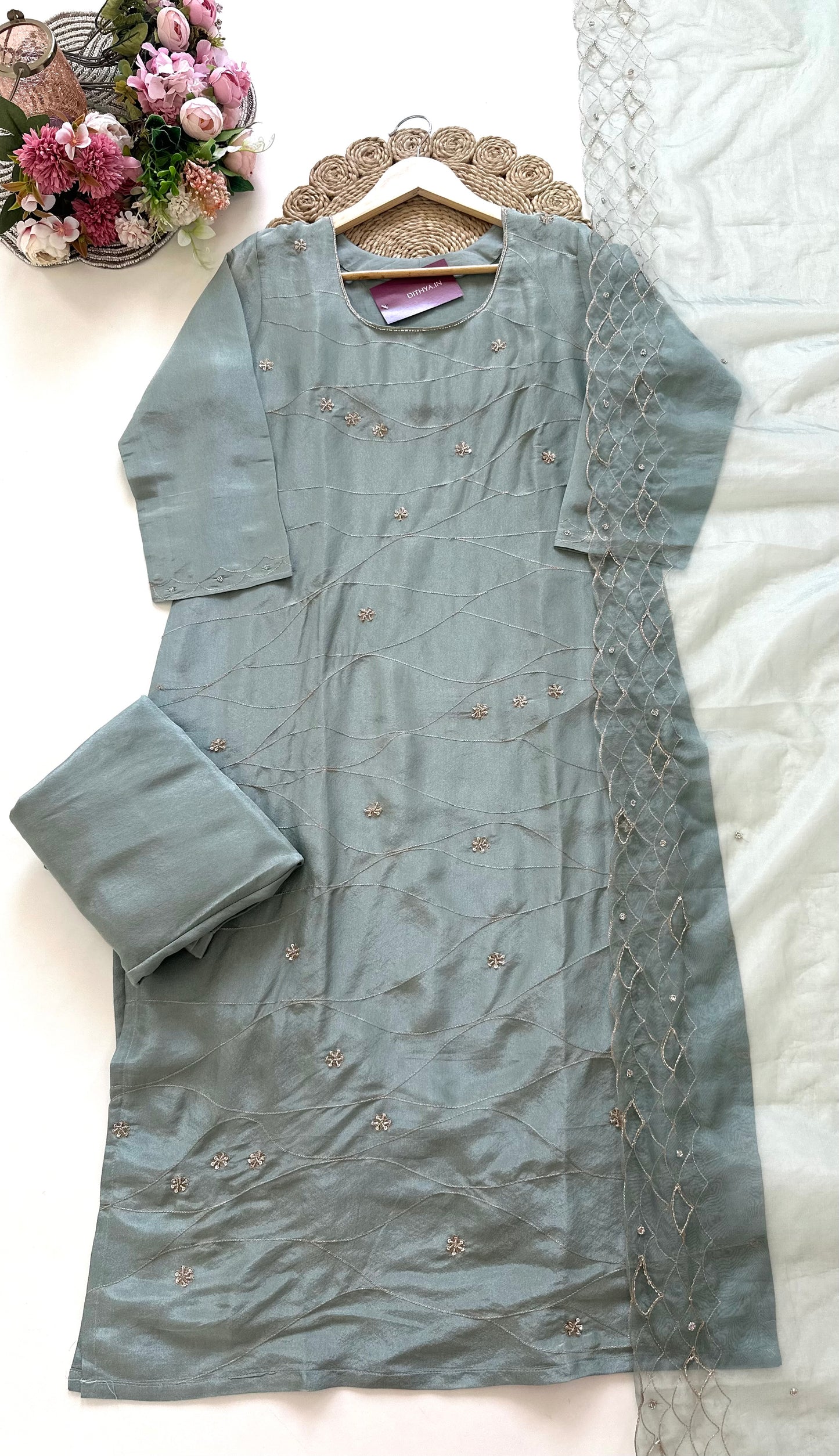 K131 - Tissue silk Zari handwork straight kurti with pants and dupatta .