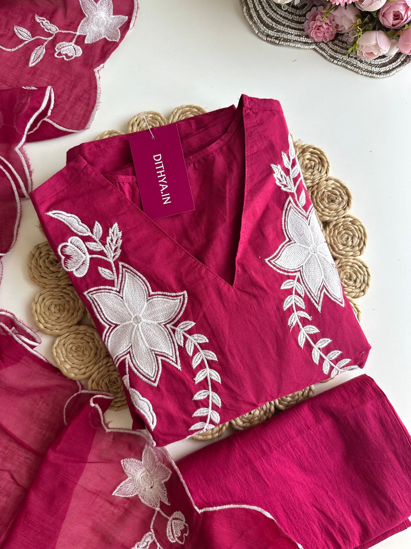 K197 - Mul cotton appliqué embroidery Anarkali with pants and dupatta
