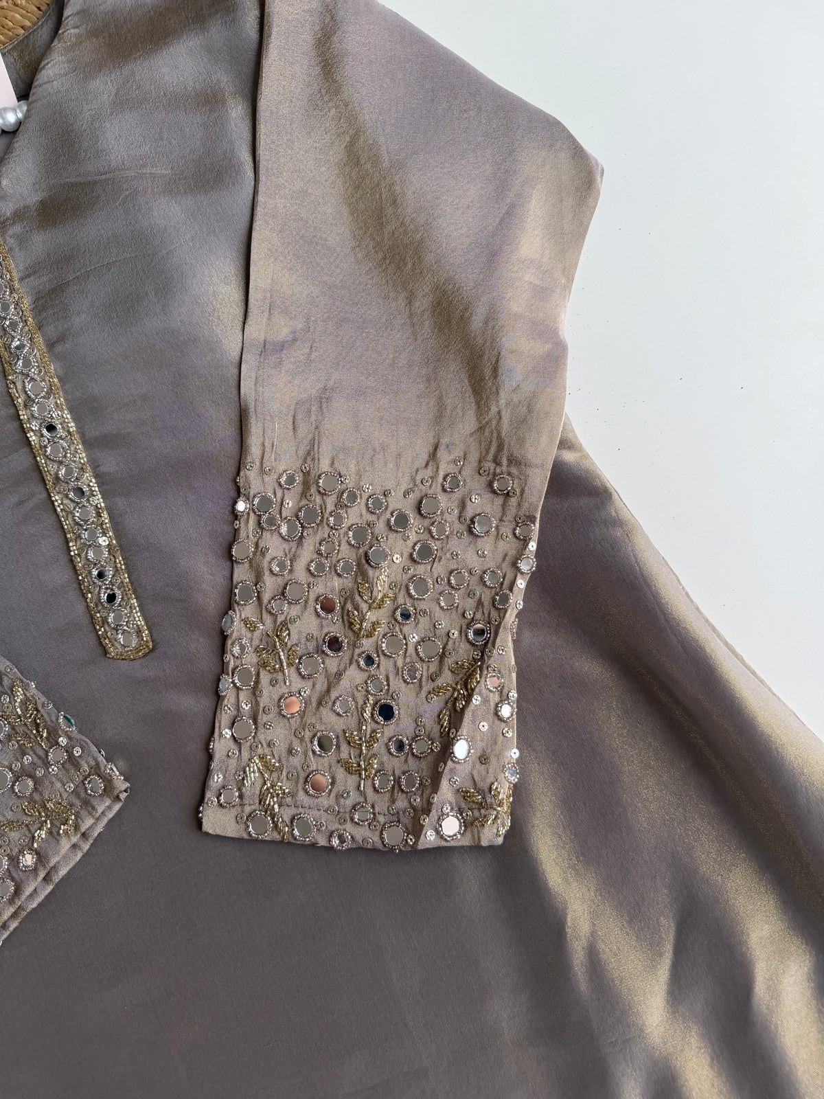 K121 - Tissue silk mirror work Anarkali with pants and dupatta
