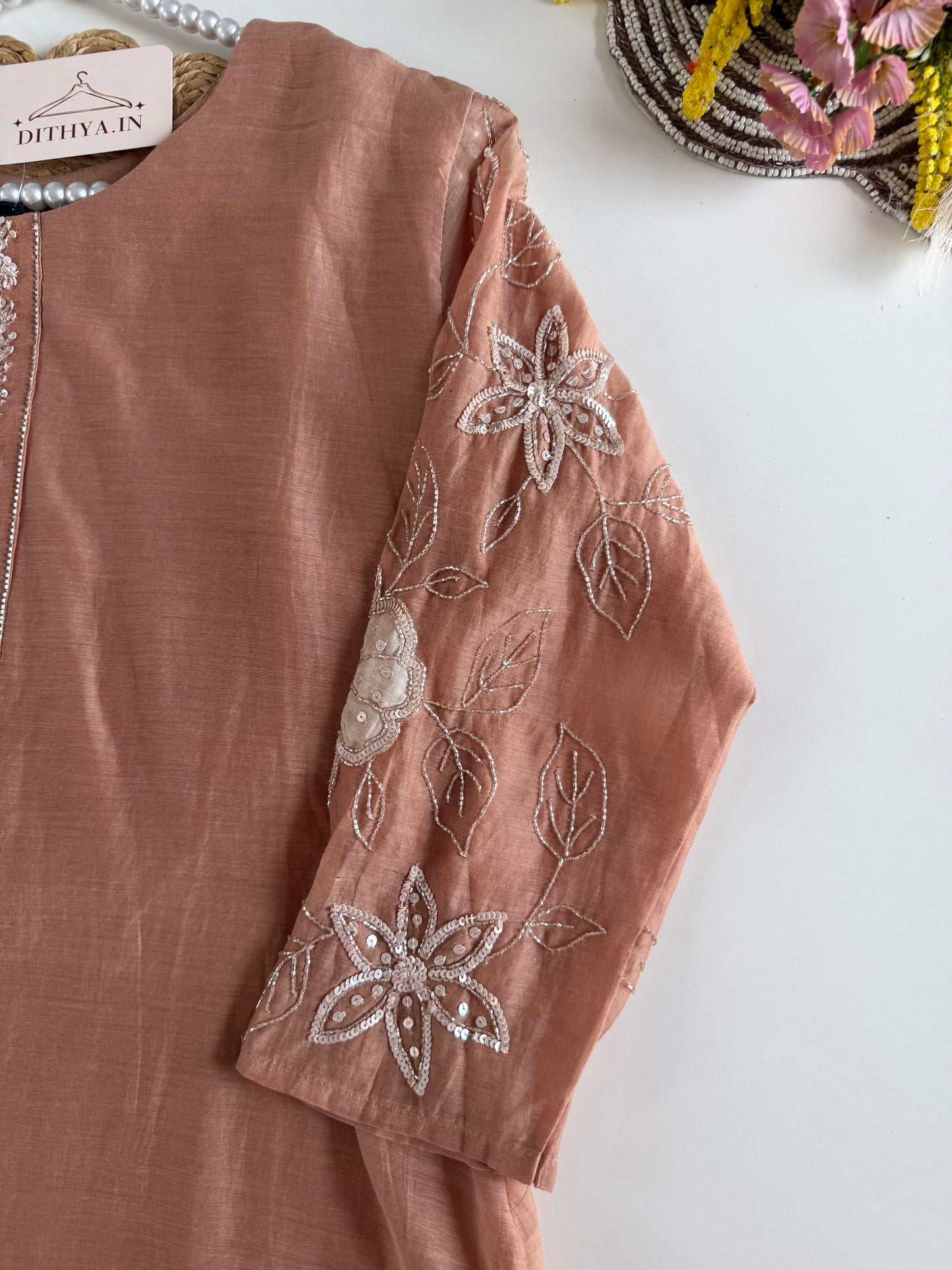 K181 - Mul chanderi handwork Aline Kurti with pants and dupatta in 2 colours