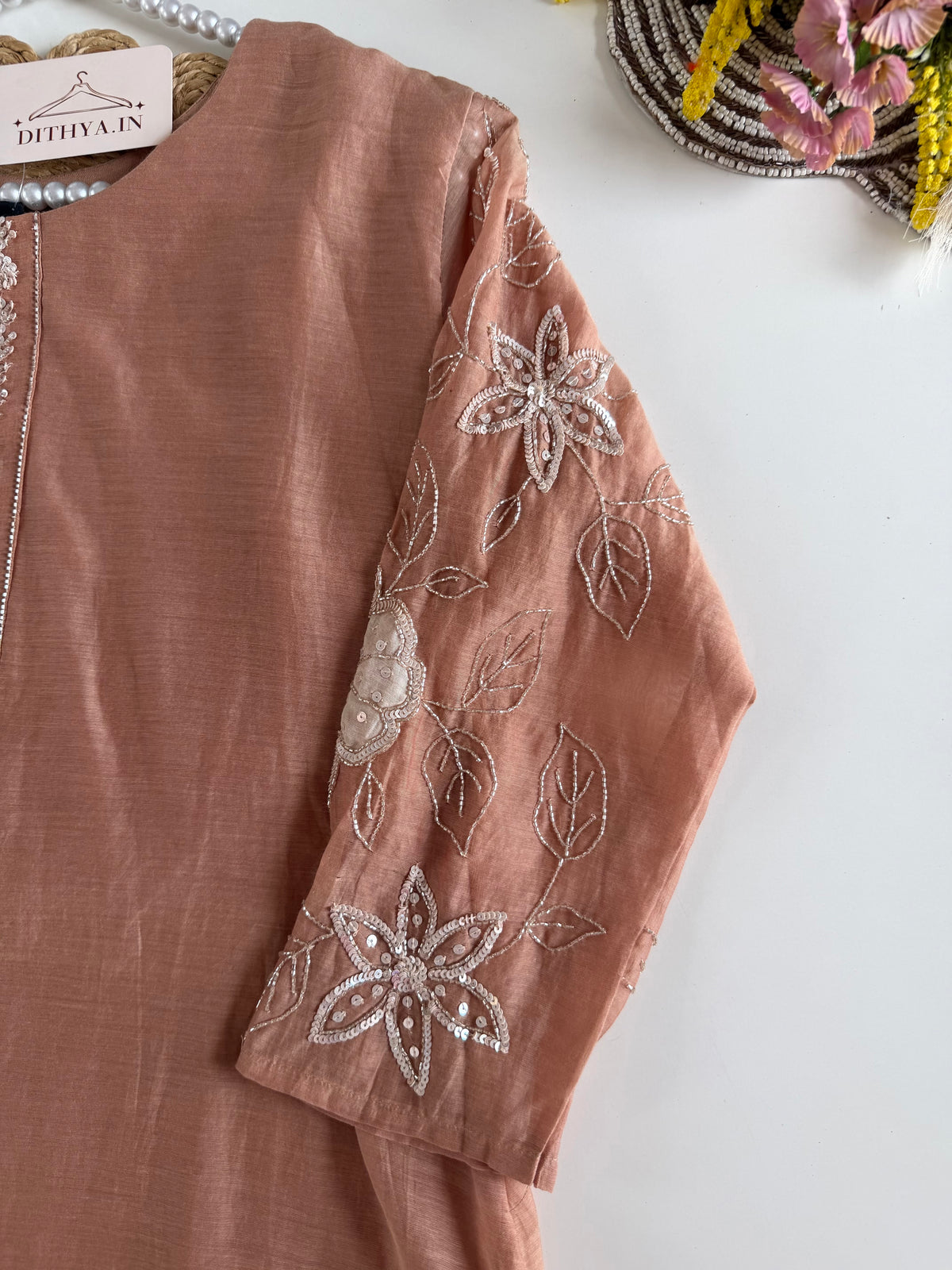 K181 - Mul chanderi handwork Aline Kurti with pants and dupatta in 2 colours