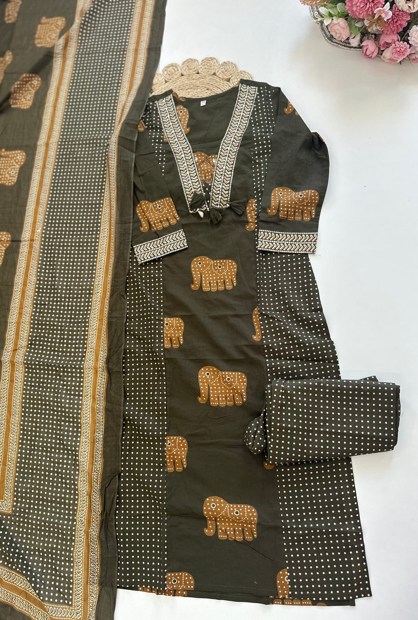 K044 - Cotton Aline Kurti with pants and dupatta