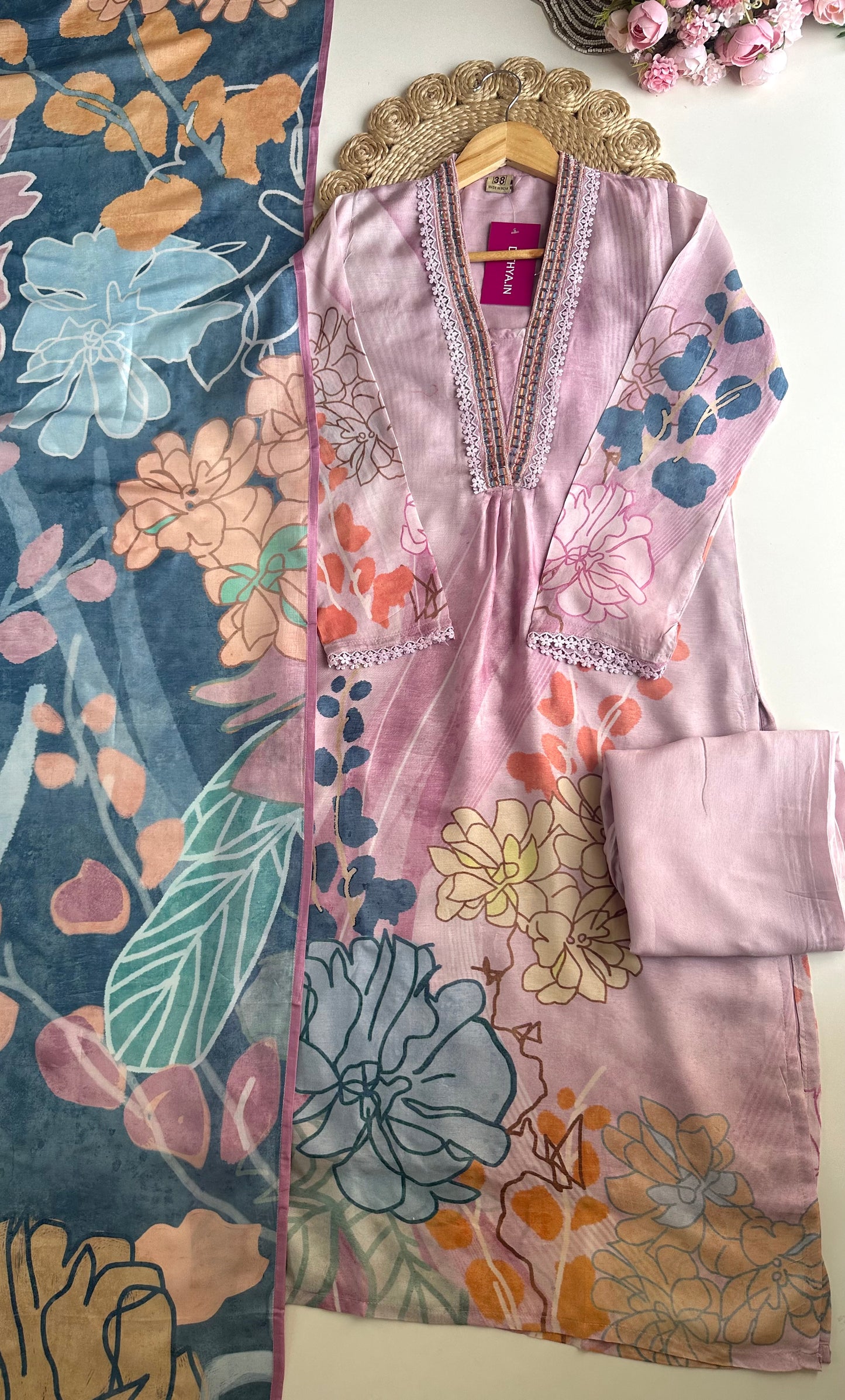 K070 - Russian silk Floral handwork Aline Kurti with pants and dupatta