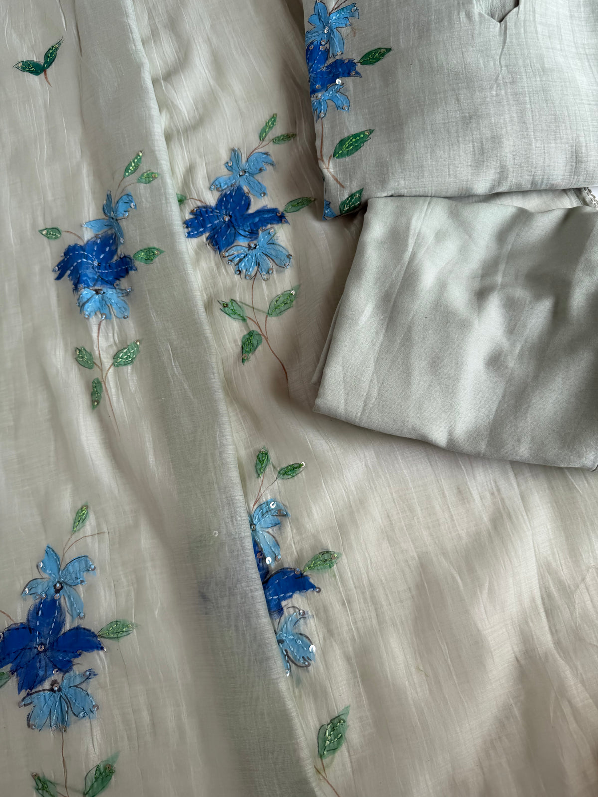 K355 - Mul Chanderi hand painted embroidered Aline Kurti with pants and dupatta in 3 colours