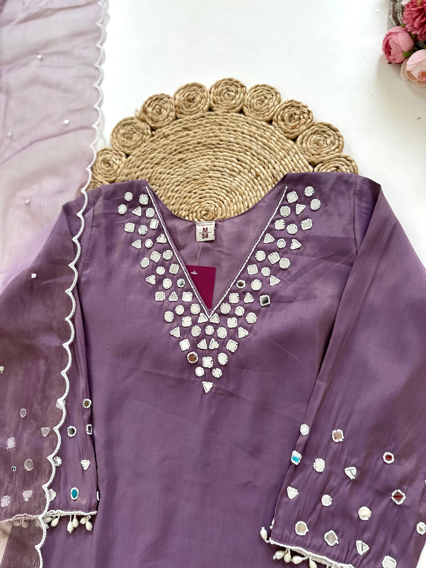 K209 - Shimmer silk mirror work straight Kurti with pants and dupatta in 3 colours