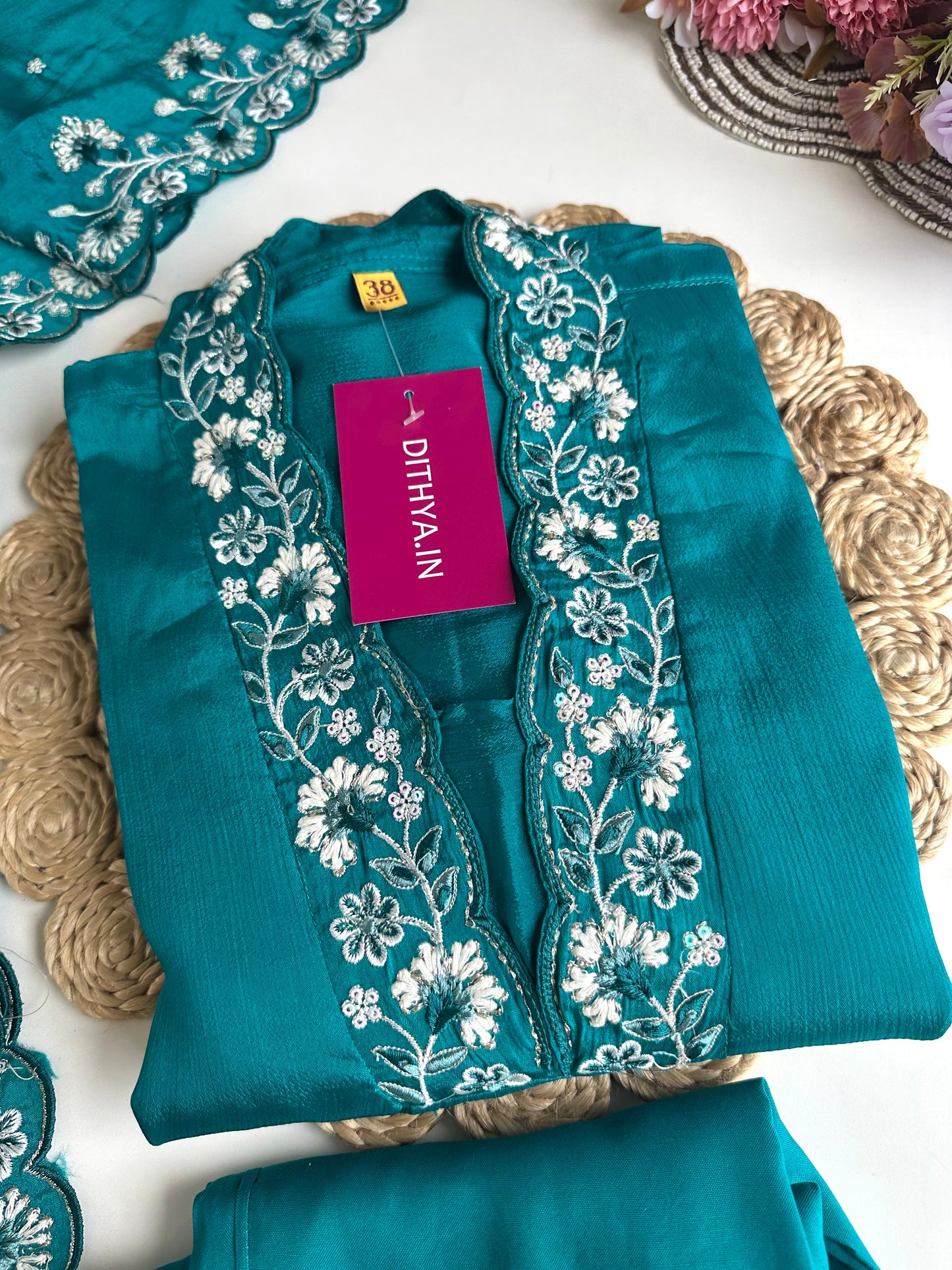 K473 - Chinnon embroidered Aline Kurti with pants and dupatta