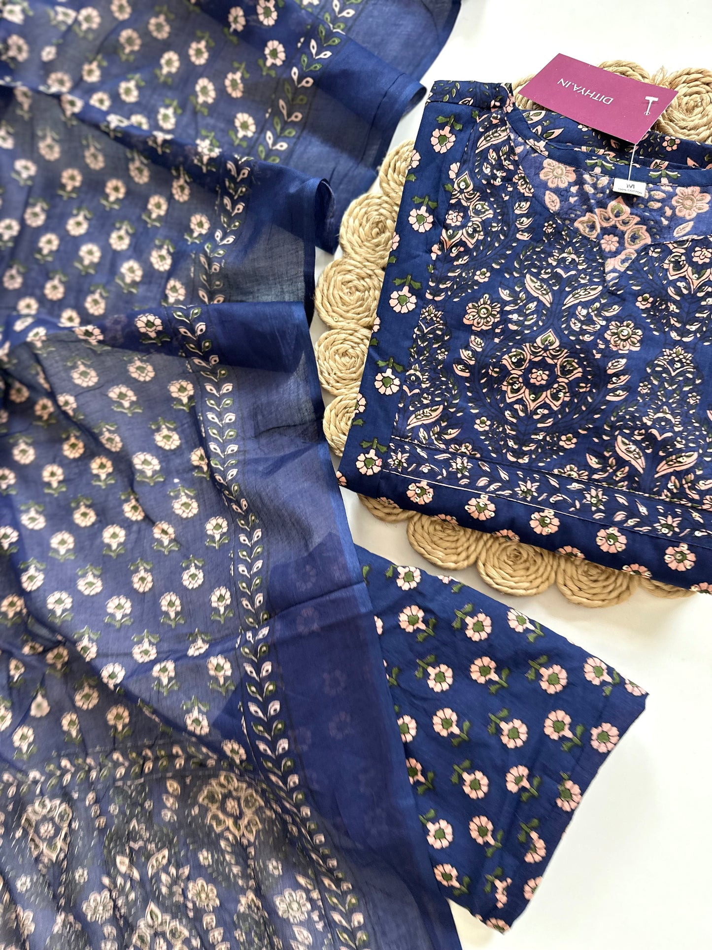 K201 - Cotton printed Straight Kurti with pants and dupatta in 2 colours